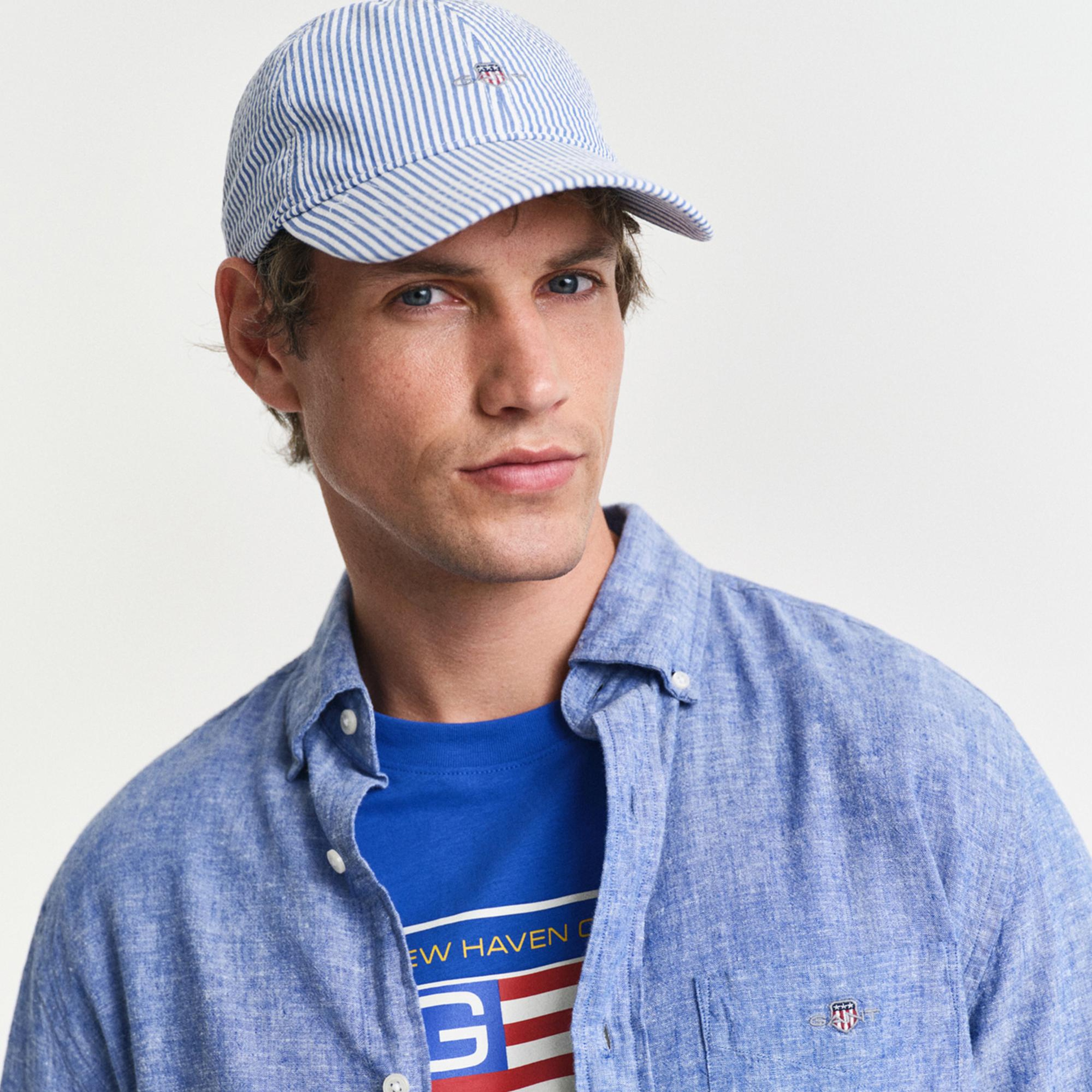 GANT Erkek Lacivert Regular Fit Düğmeli Yaka Keten Gömlek