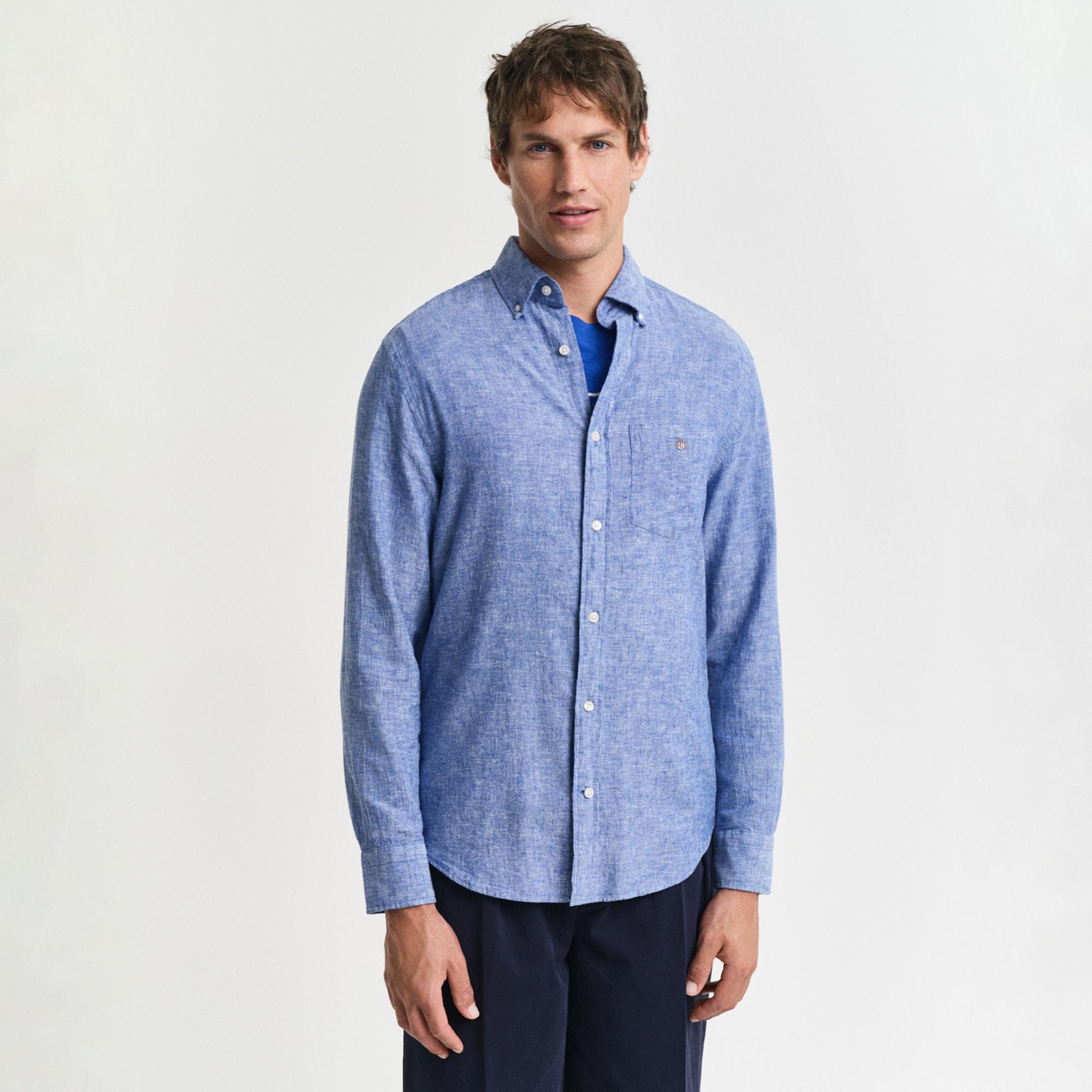 GANT Erkek Lacivert Regular Fit Düğmeli Yaka Keten Gömlek