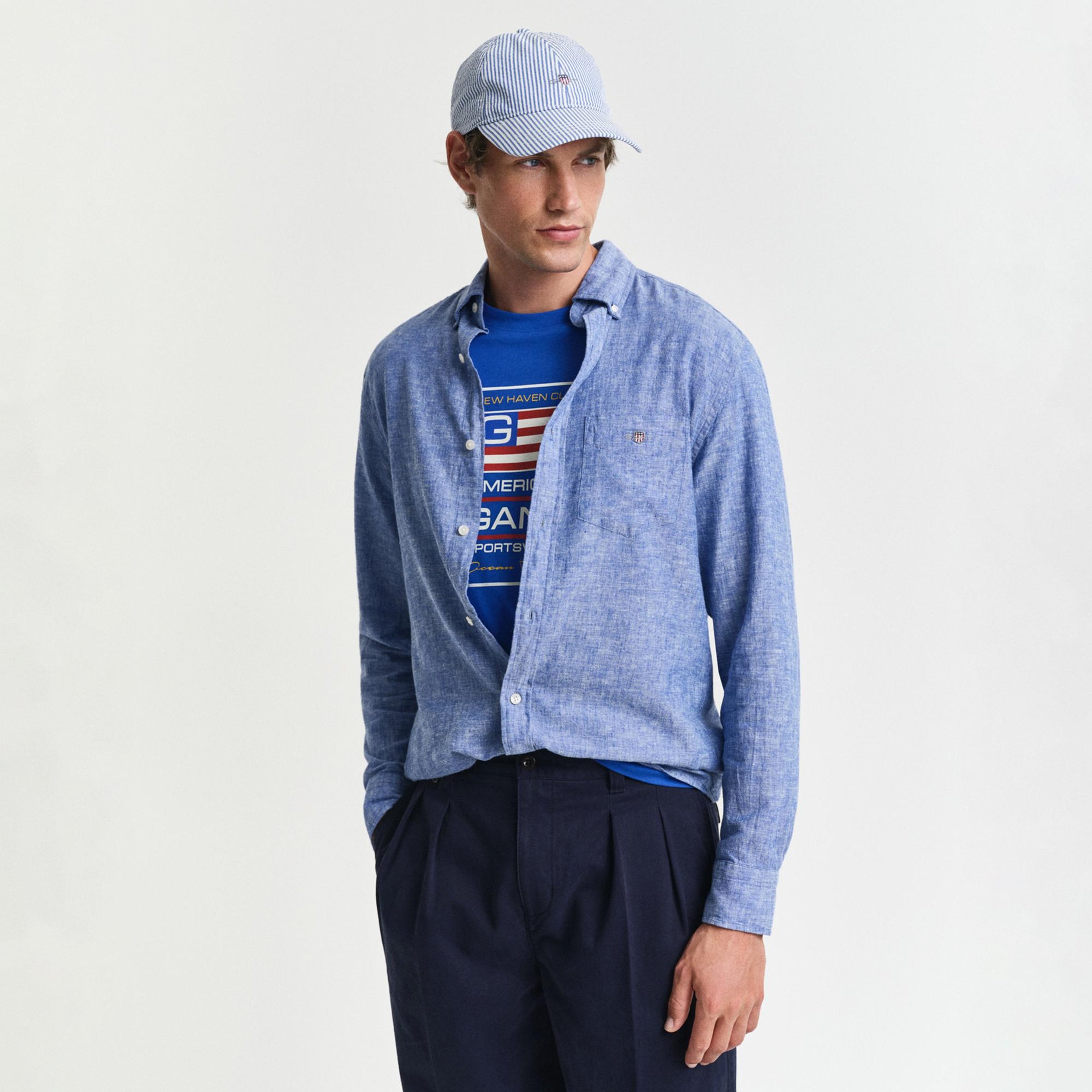 GANT Erkek Lacivert Regular Fit Düğmeli Yaka Keten Gömlek