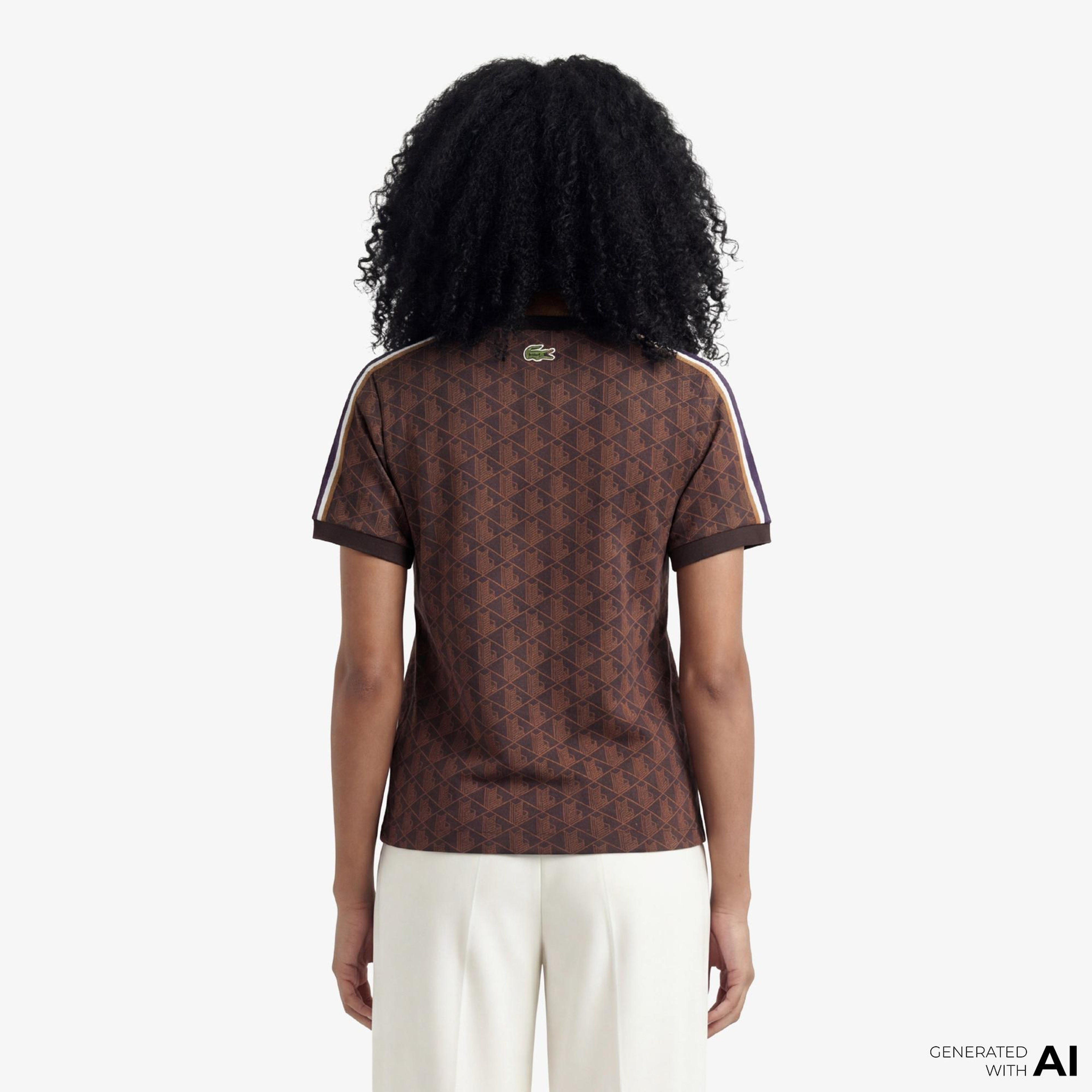 Lacoste Monogram Slim Fit Jacquard Kadın Kahverengi T-Shirt