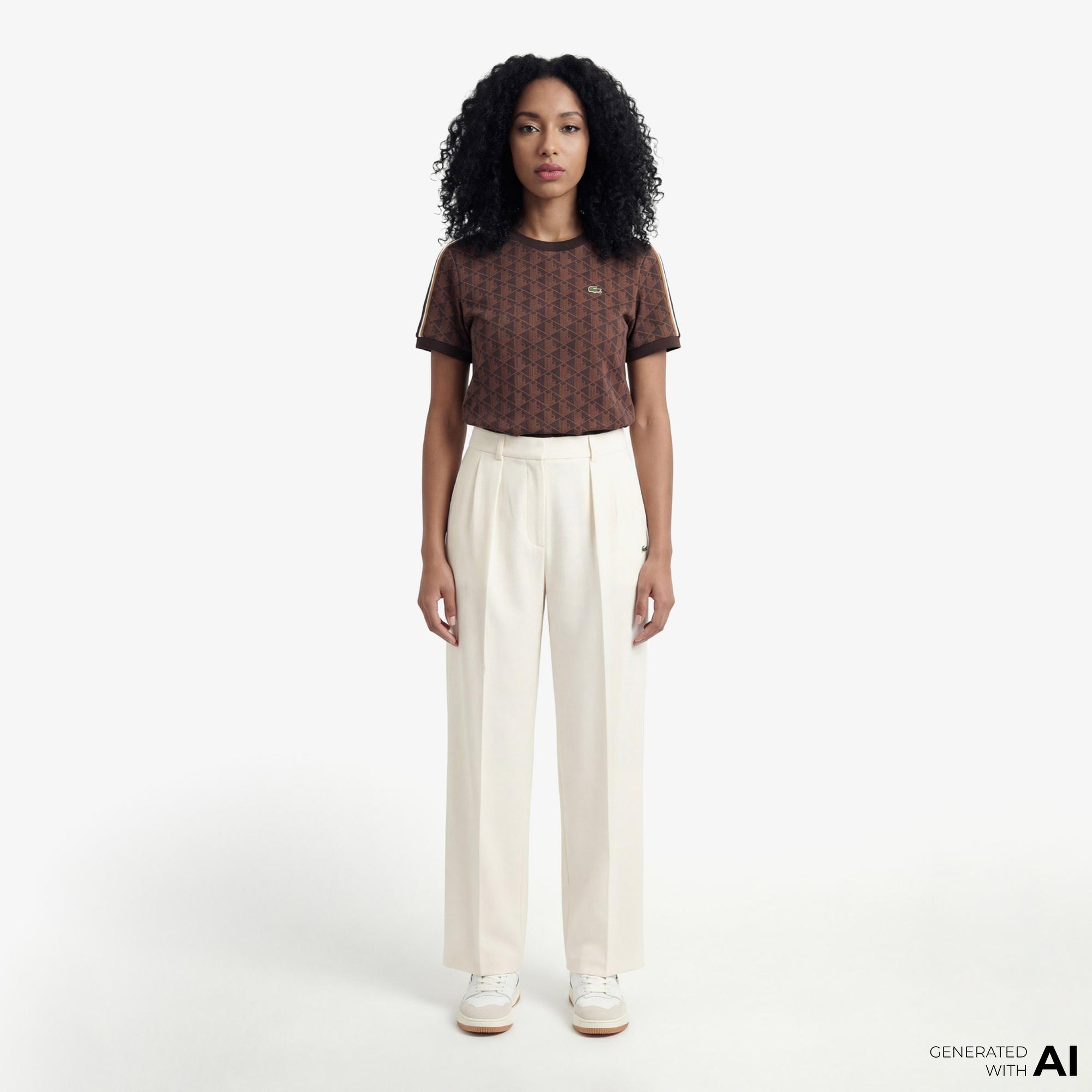 Lacoste Monogram Slim Fit Jacquard Kadın Kahverengi T-Shirt