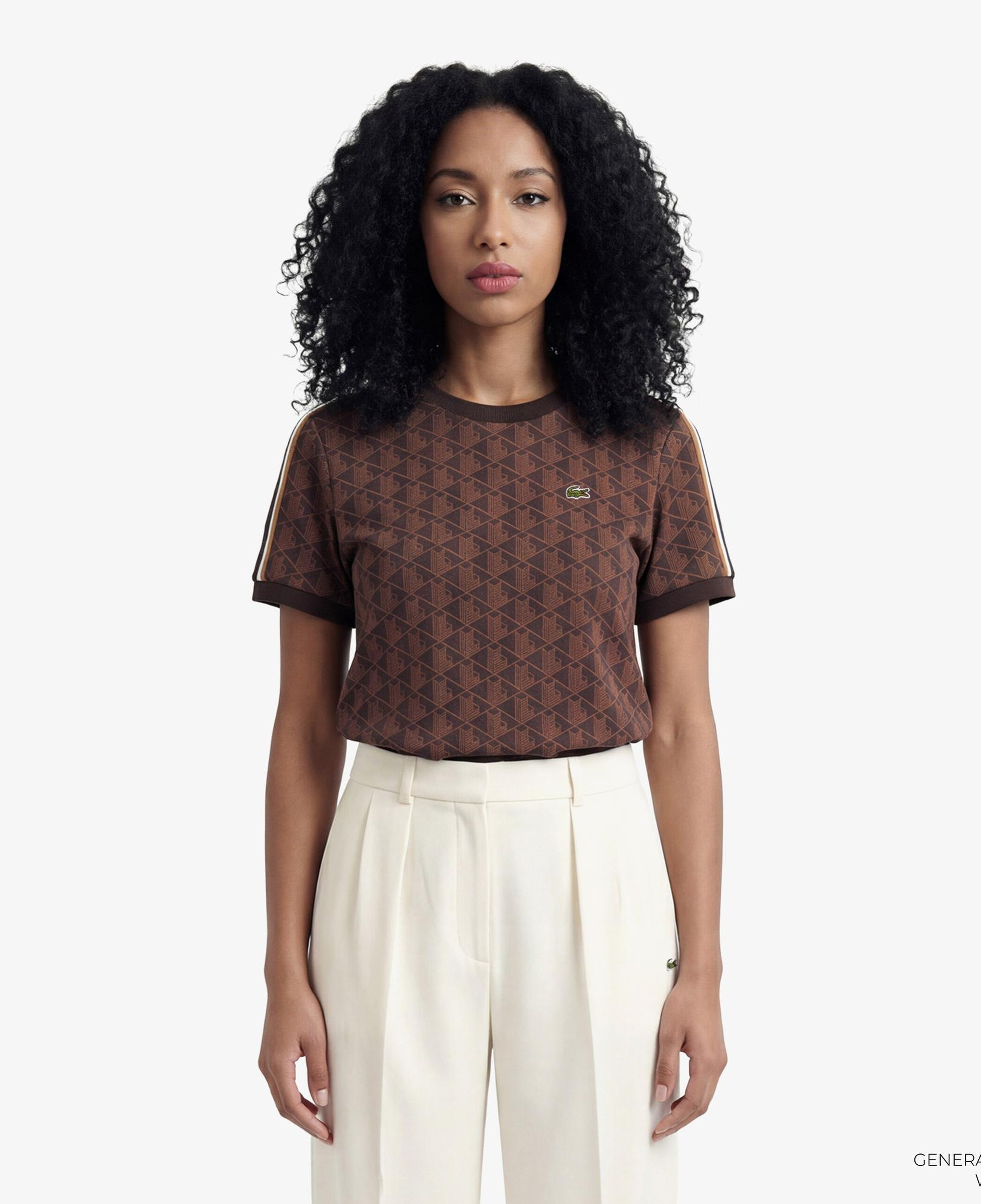 Lacoste Monogram Slim Fit Jacquard Kadın Kahverengi T-Shirt