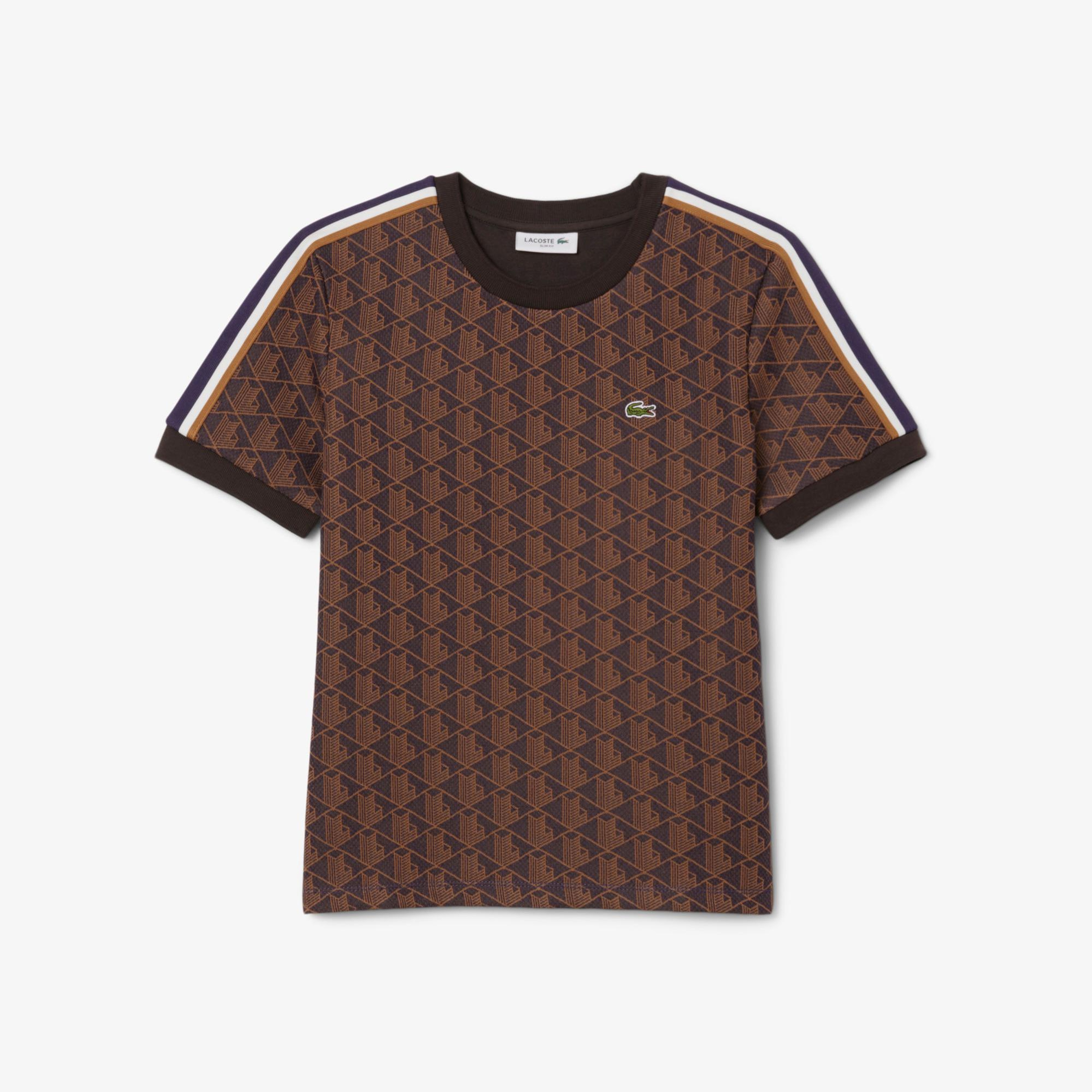 Lacoste Monogram Slim Fit Jacquard Kadın Kahverengi T-Shirt