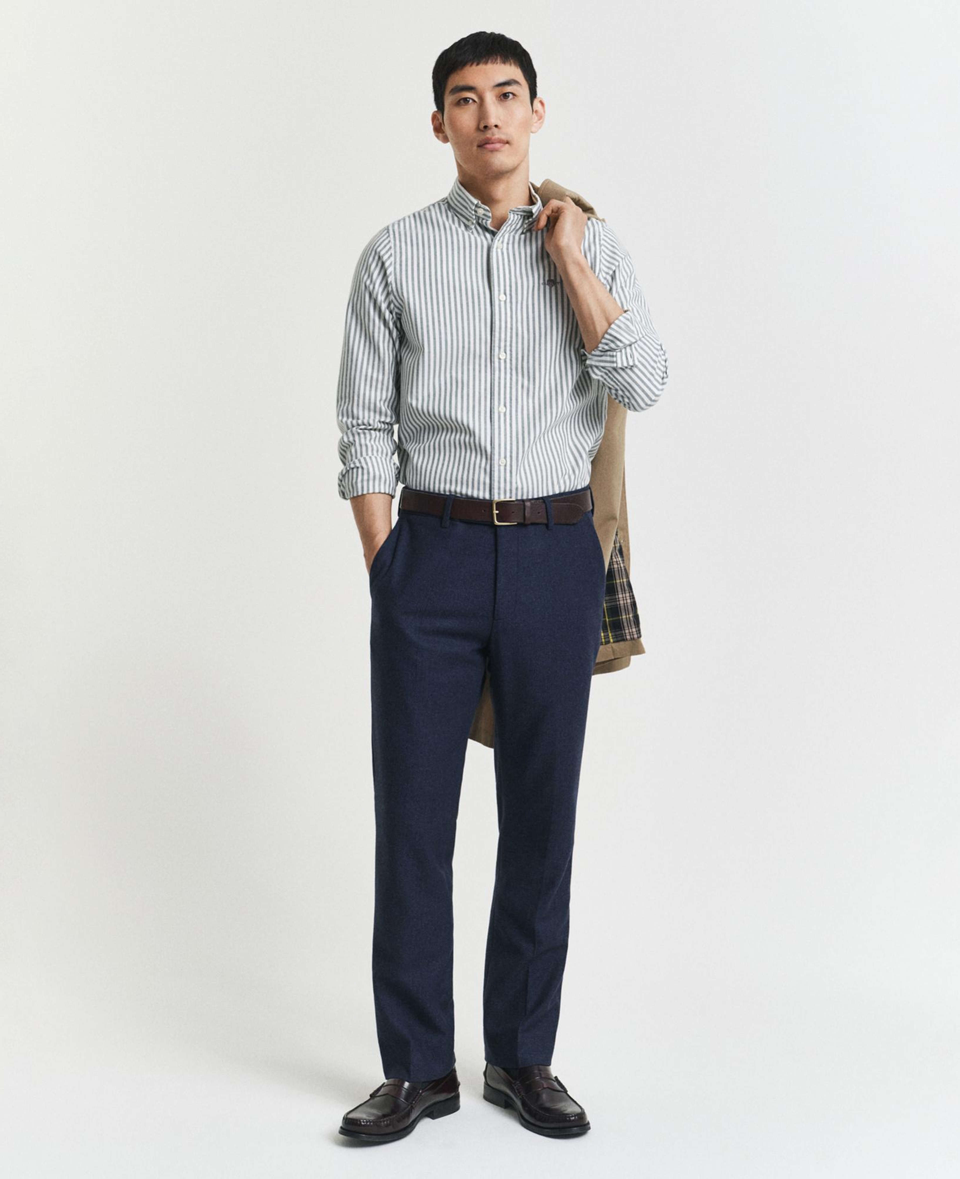 GANT Erkek Yeşil Slim Fit Düğmeli Yaka Çizgili Oxford Gömlek