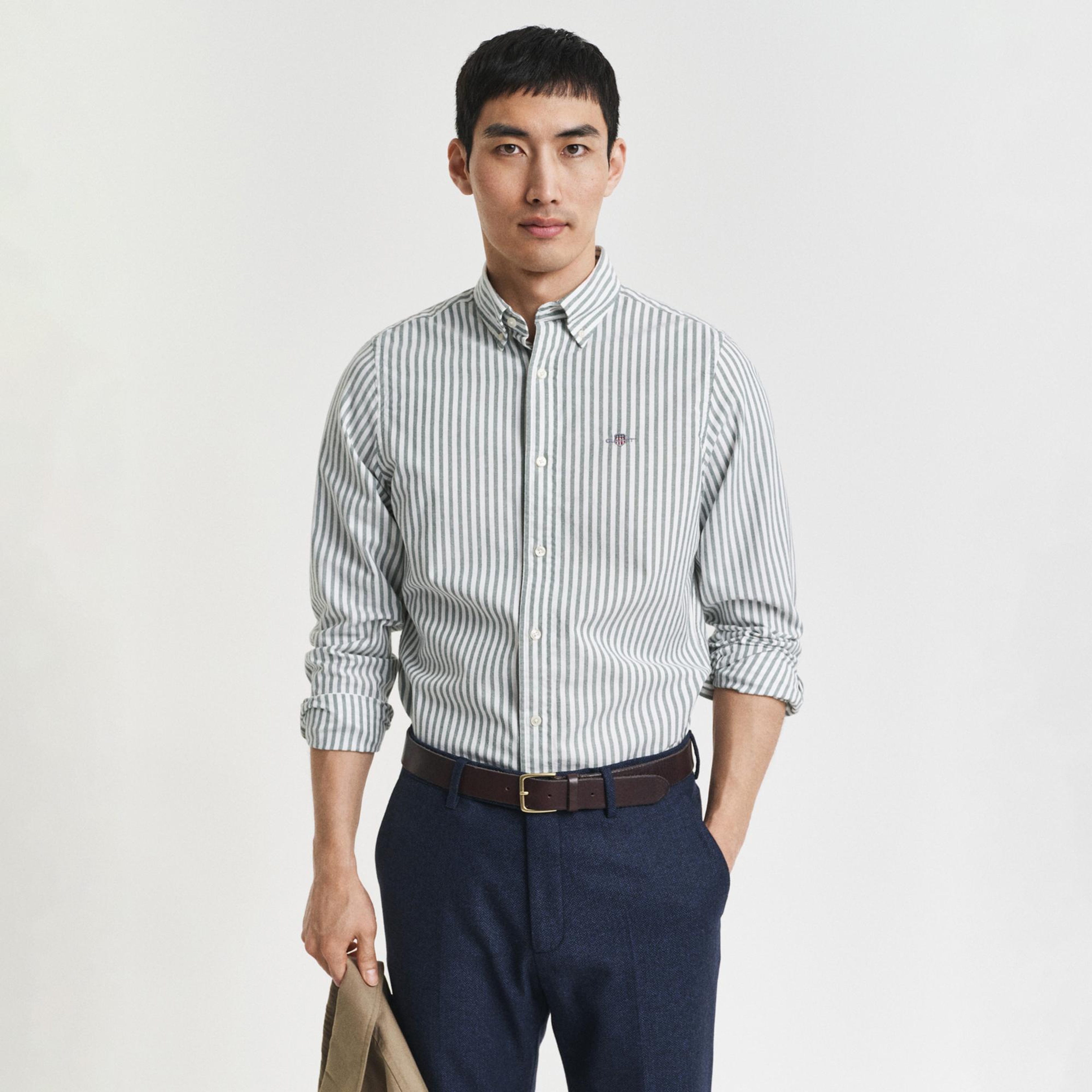 GANT Erkek Yeşil Slim Fit Düğmeli Yaka Çizgili Oxford Gömlek