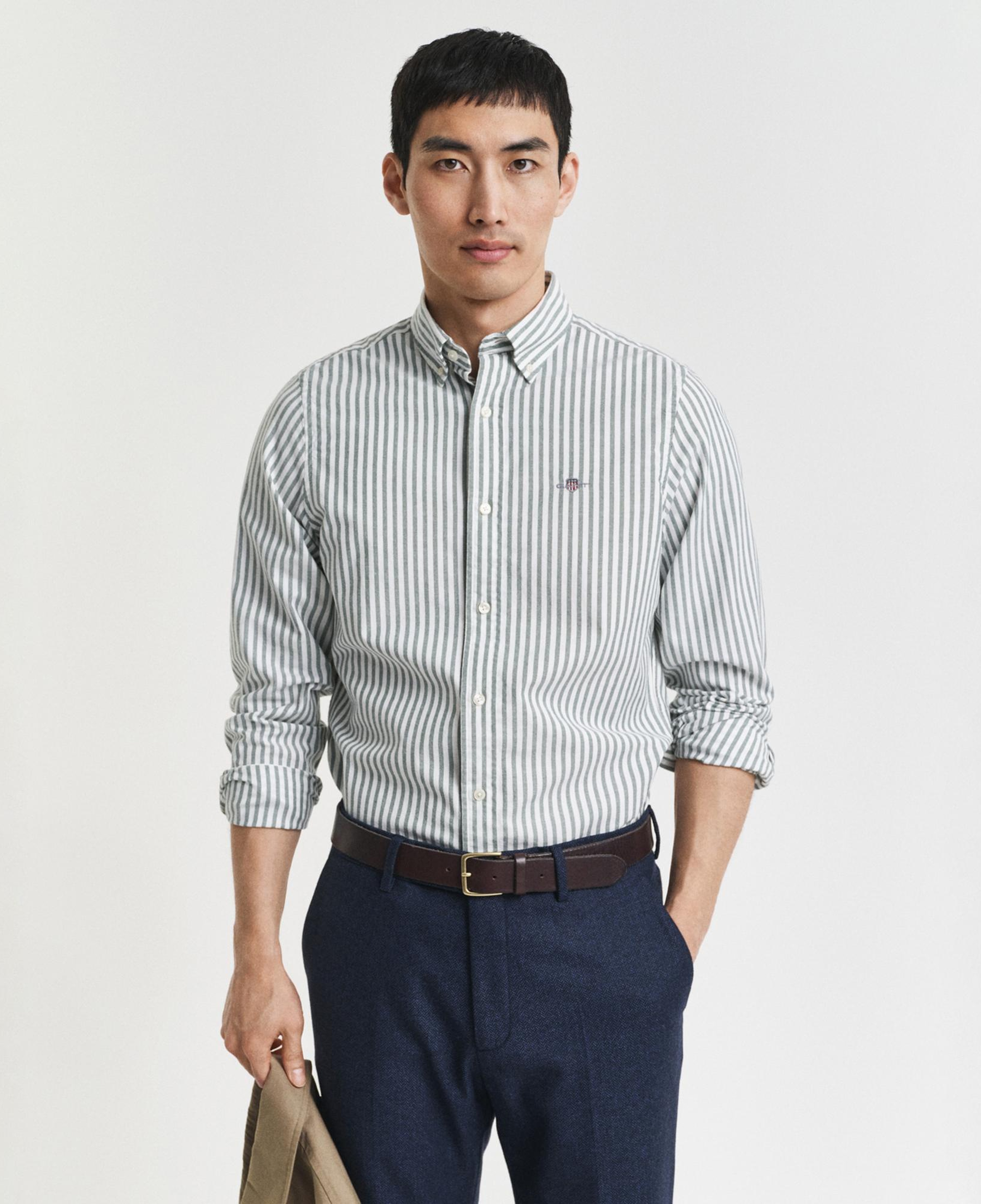 GANT Erkek Yeşil Slim Fit Düğmeli Yaka Çizgili Oxford Gömlek