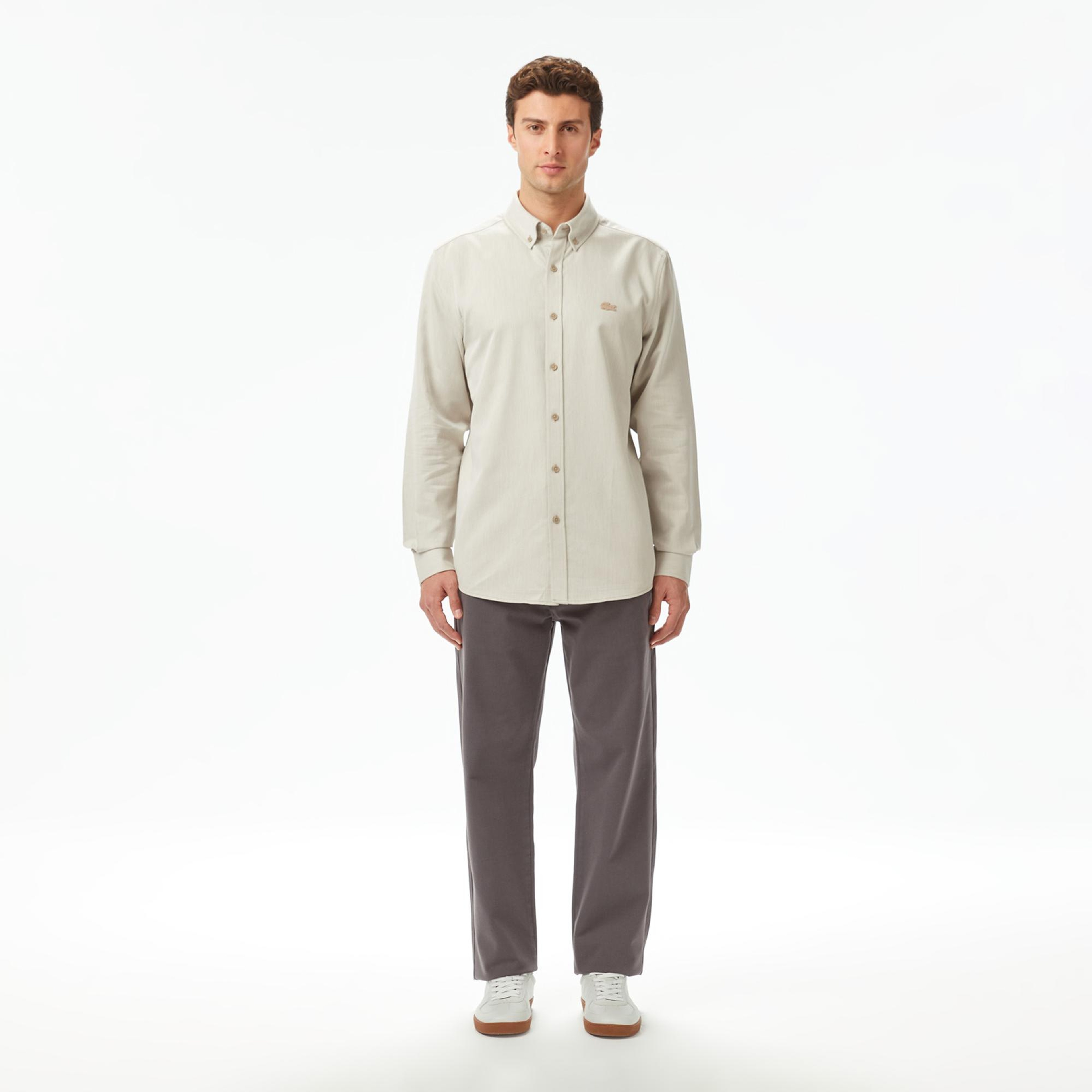 Erkek Regular Fit Düğmeli Yaka Bej Gömlek