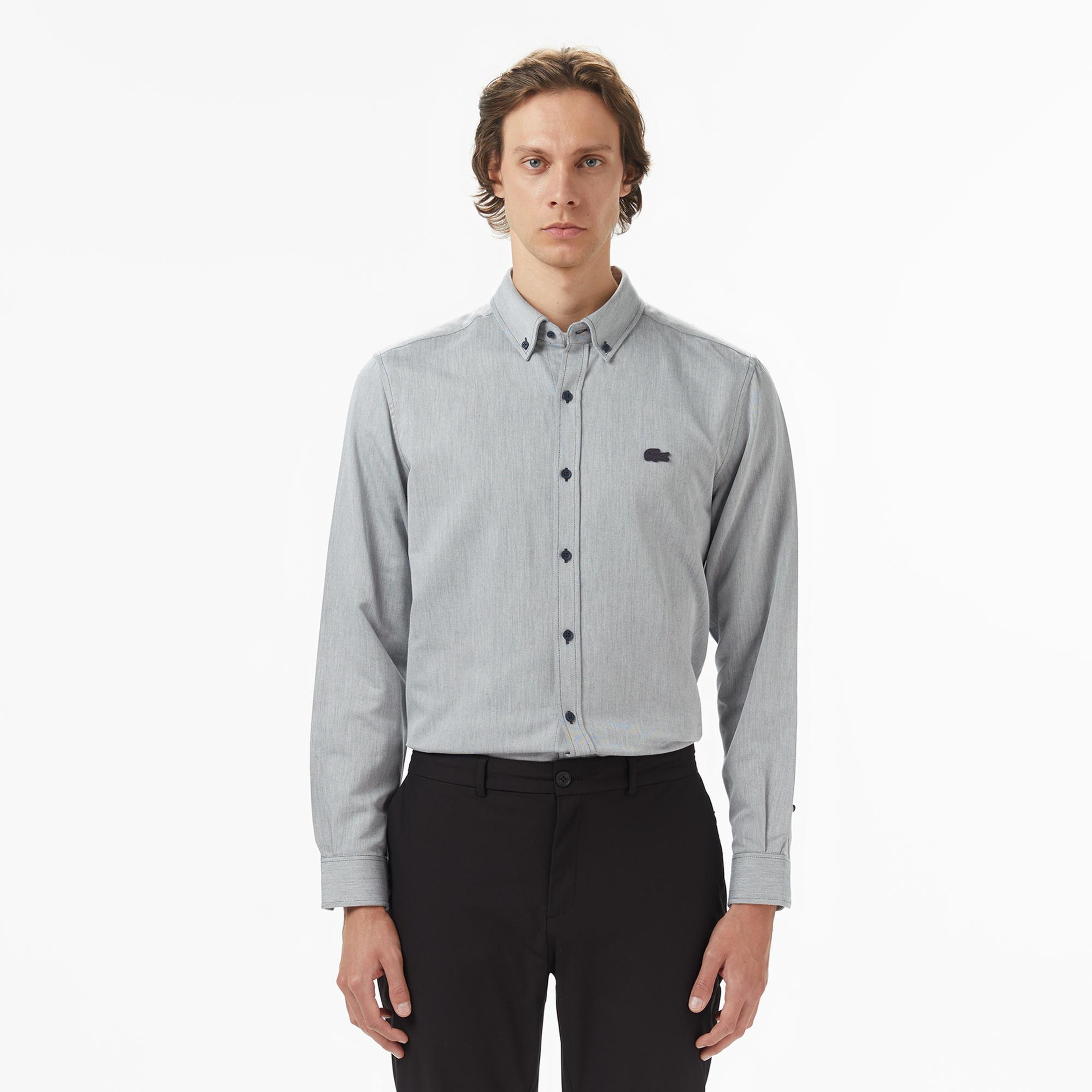 Erkek Regular Fit Düğmeli Yaka Gri Gömlek