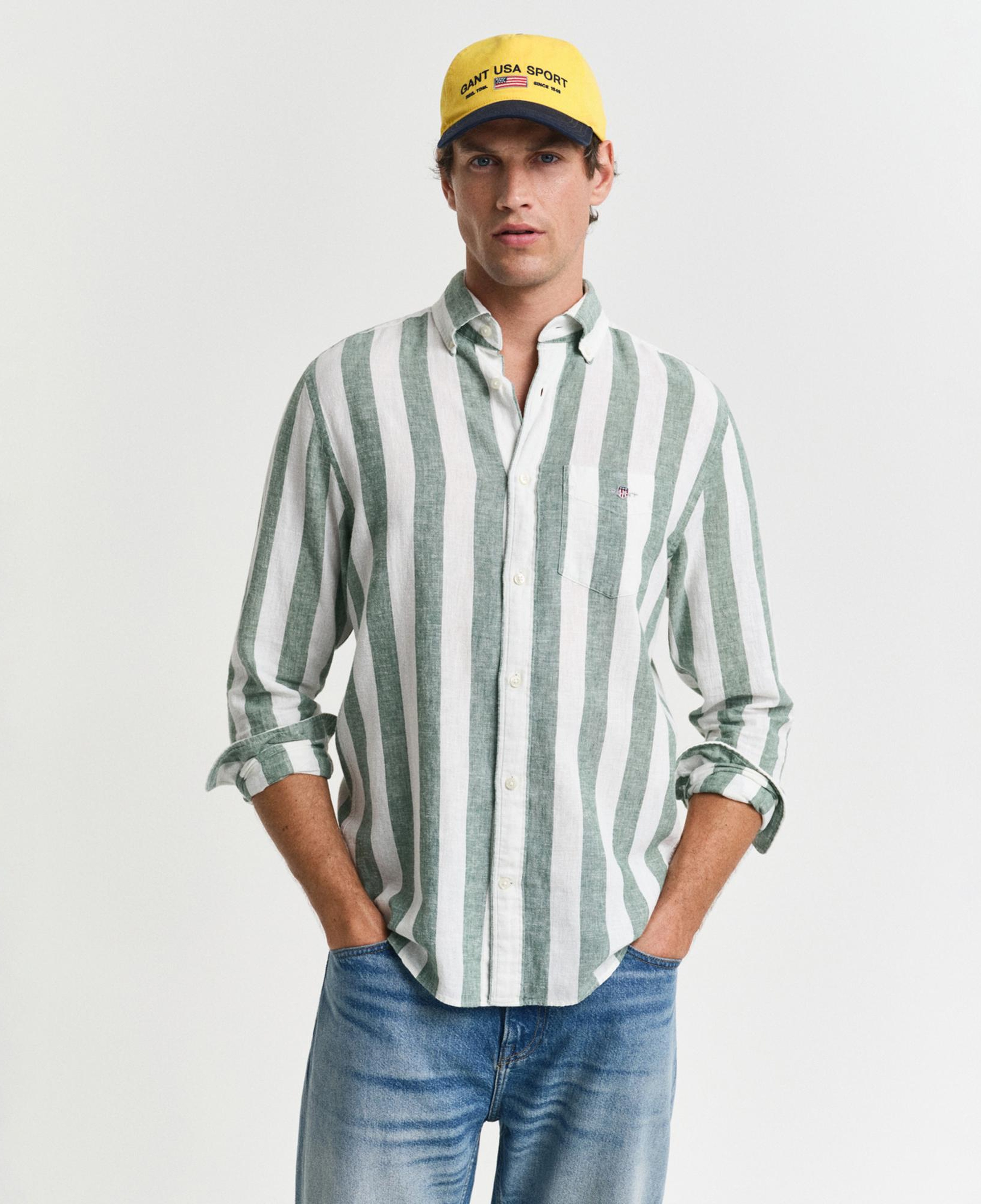 GANT Erkek Yeşil Regular Fit Düğmeli Yaka Çizgili Gömlek