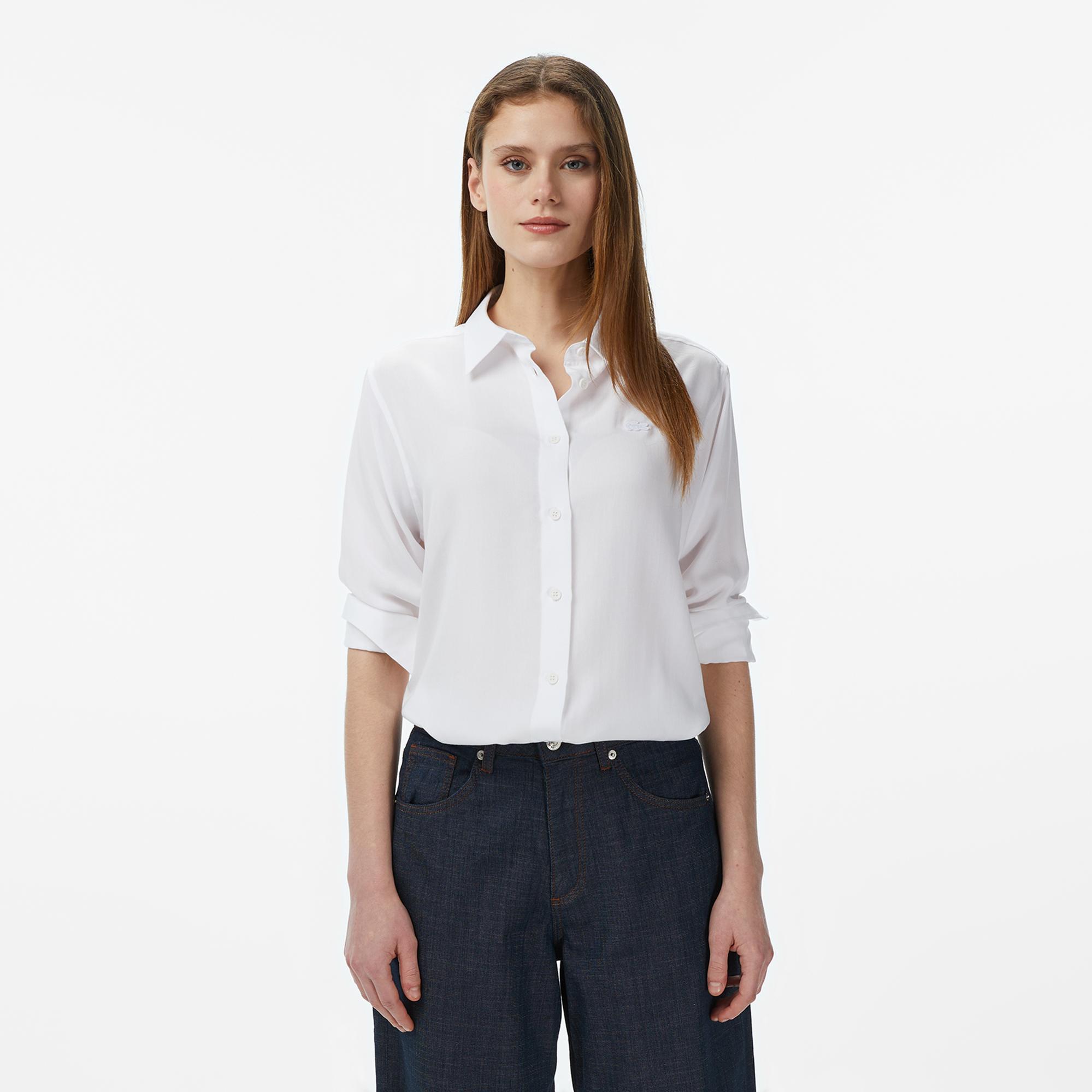 Lacoste Kadın Slim Fit Düğmeli Yaka Beyaz Gömlek