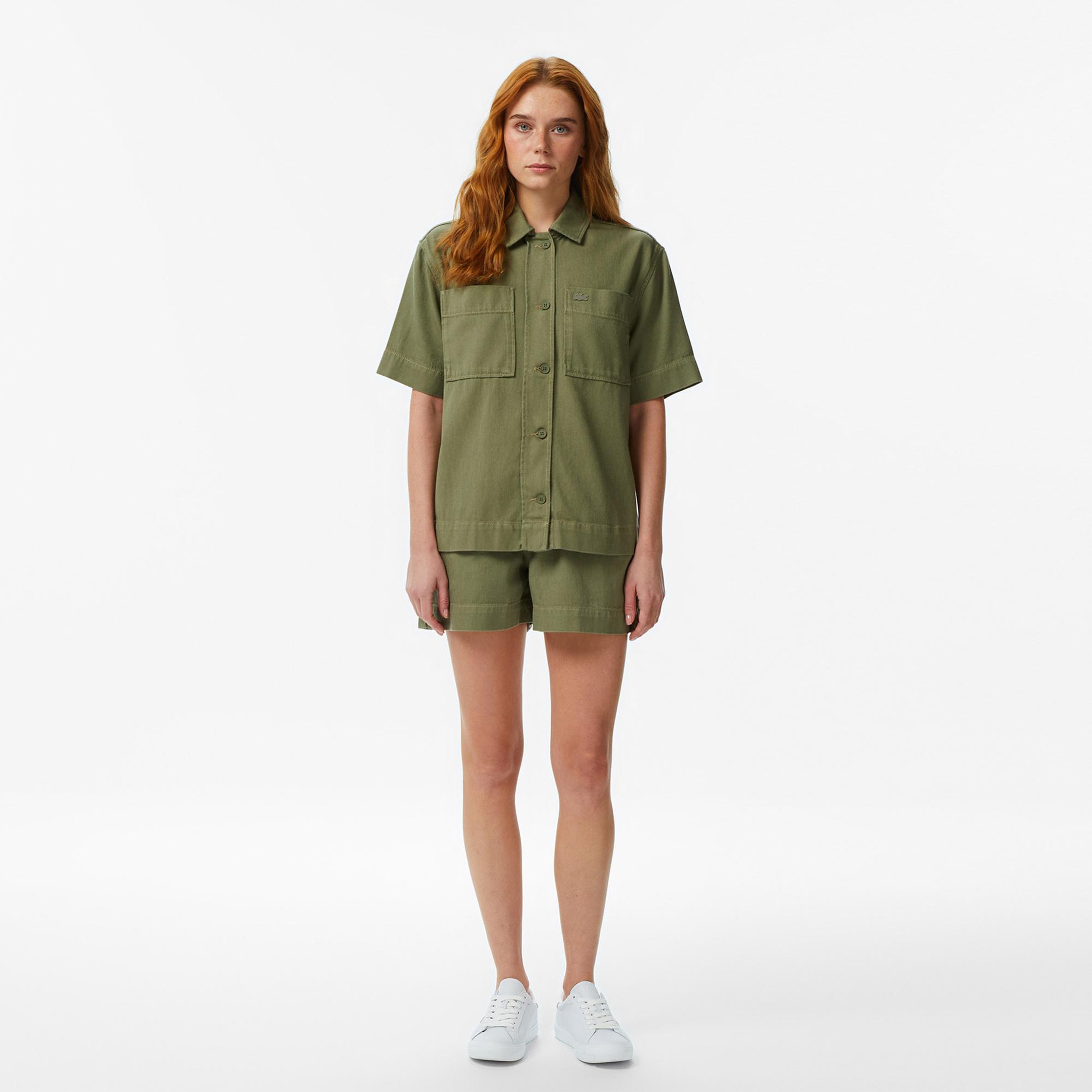 Lacoste Kadın Regular Fit Kısa Kollu Düğmeli Yaka Haki Gömlek