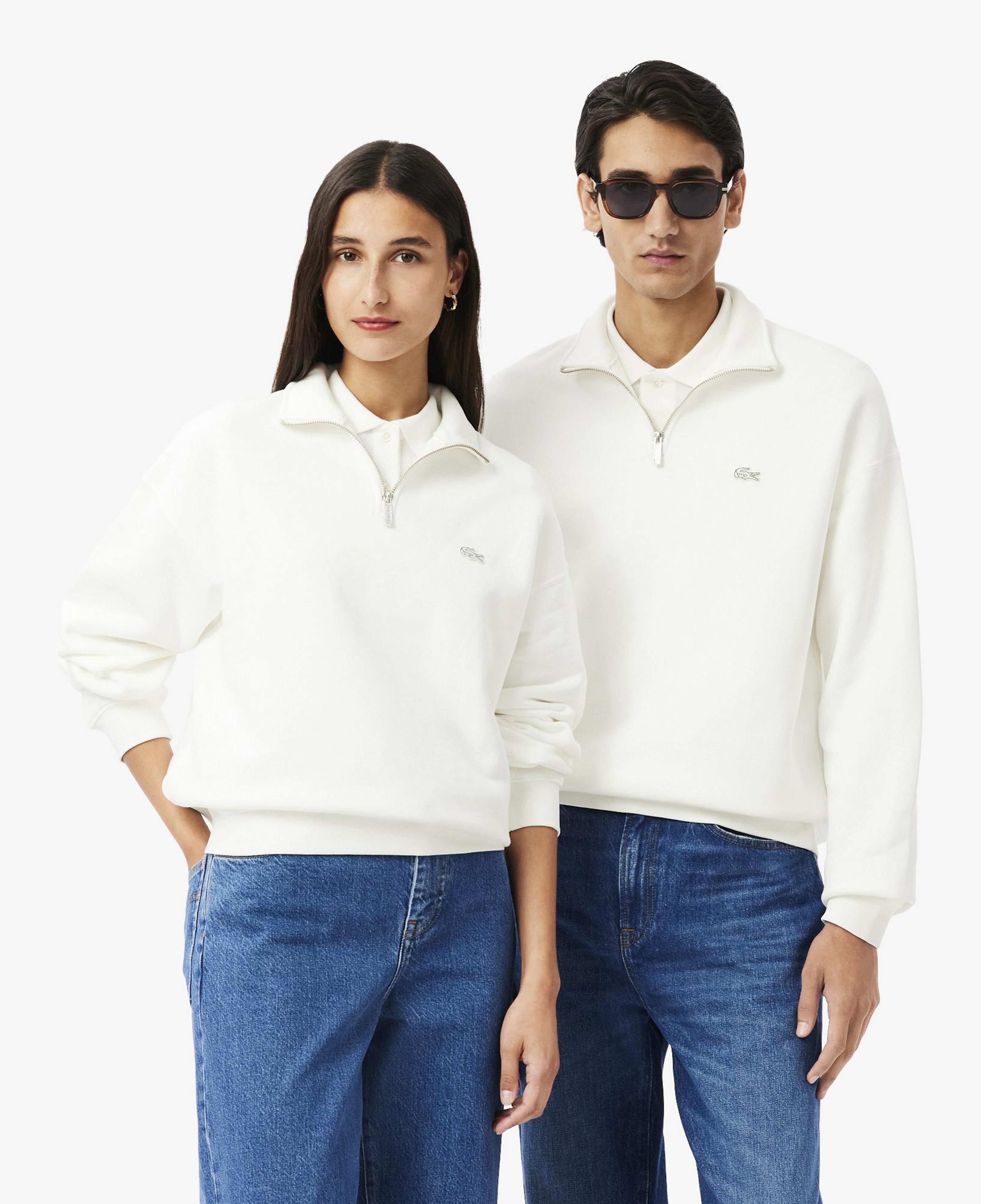 Unisex Loose Fit Yarım Fermuarlı Beyaz Sweatshirt