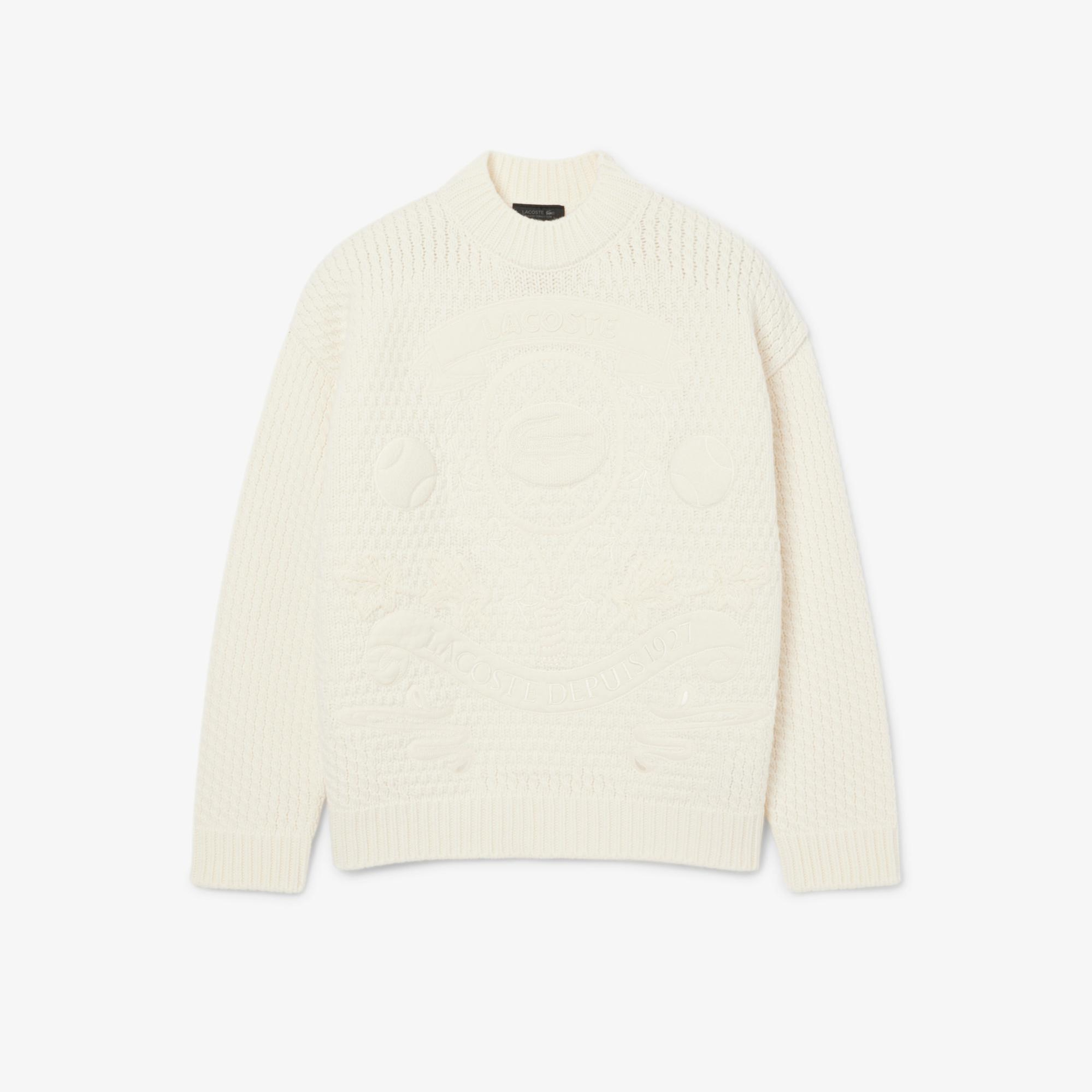 Lacoste FW25 RUNWAY Erkek Oversize Fit Bisiklet Yaka Baskılı Yün Beyaz Kazak