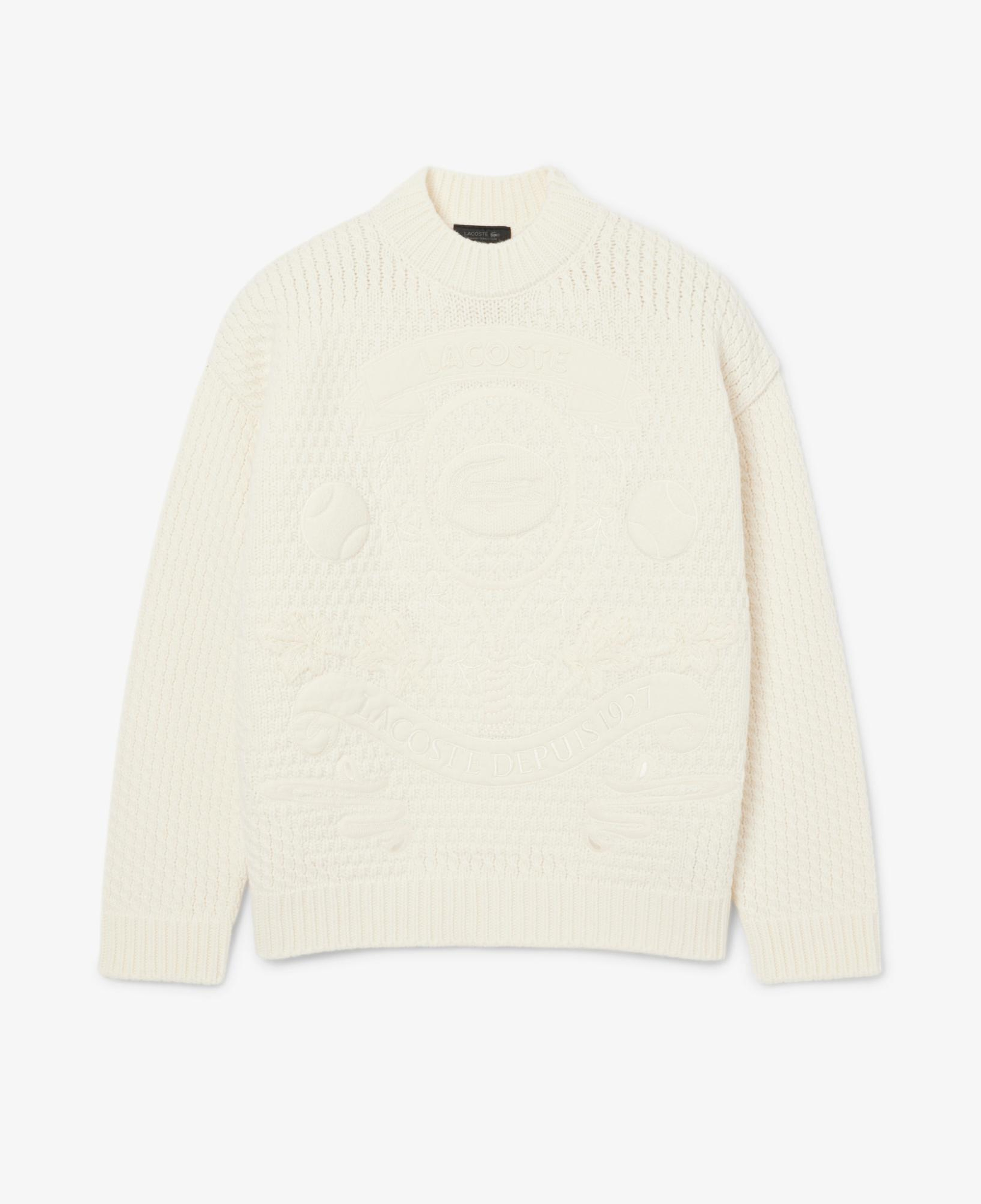 Lacoste FW25 RUNWAY Erkek Oversize Fit Bisiklet Yaka Baskılı Yün Beyaz Kazak