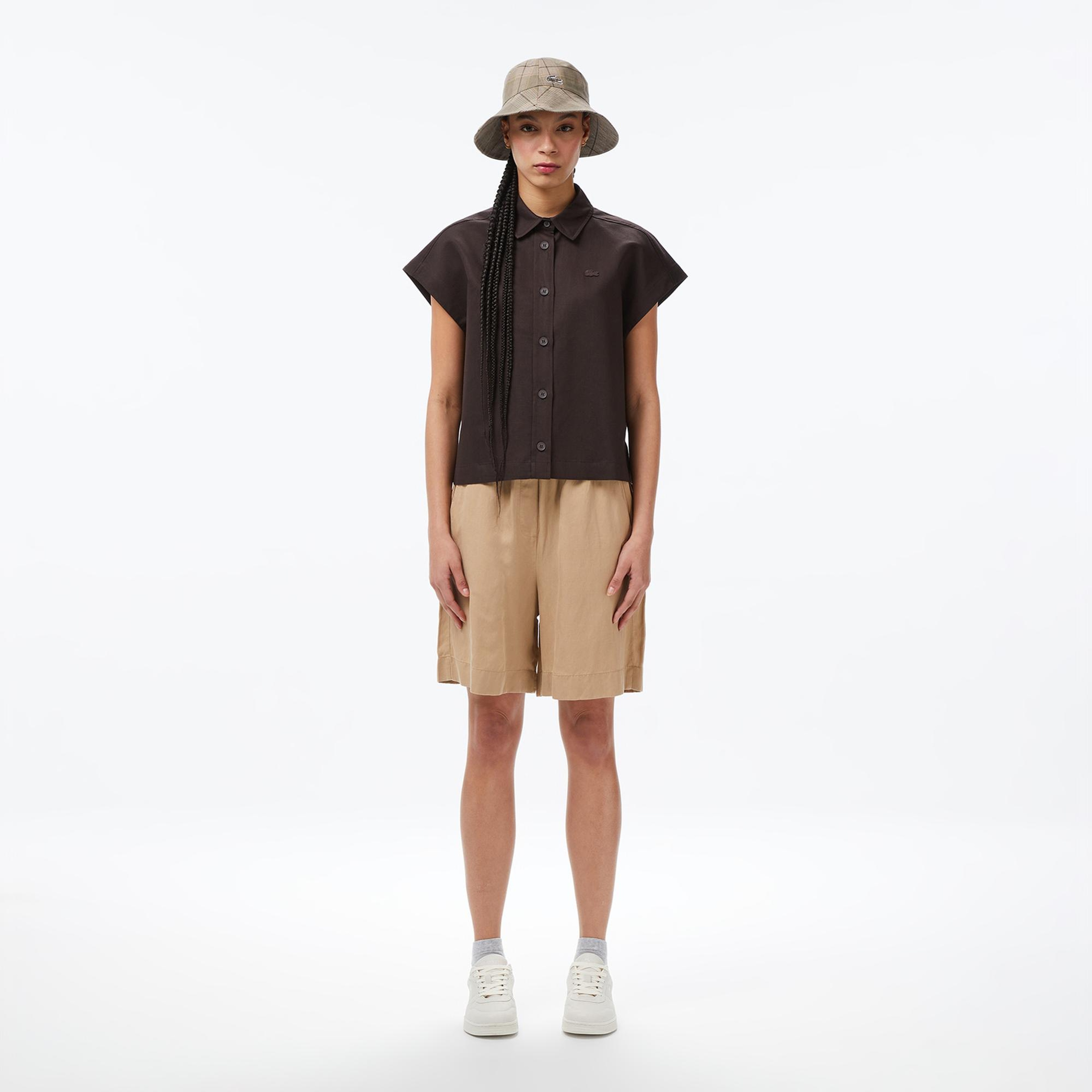 Lacoste Kadın Regular Fit Kısa Kollu Düğmeli Yaka Kahverengi Gömlek