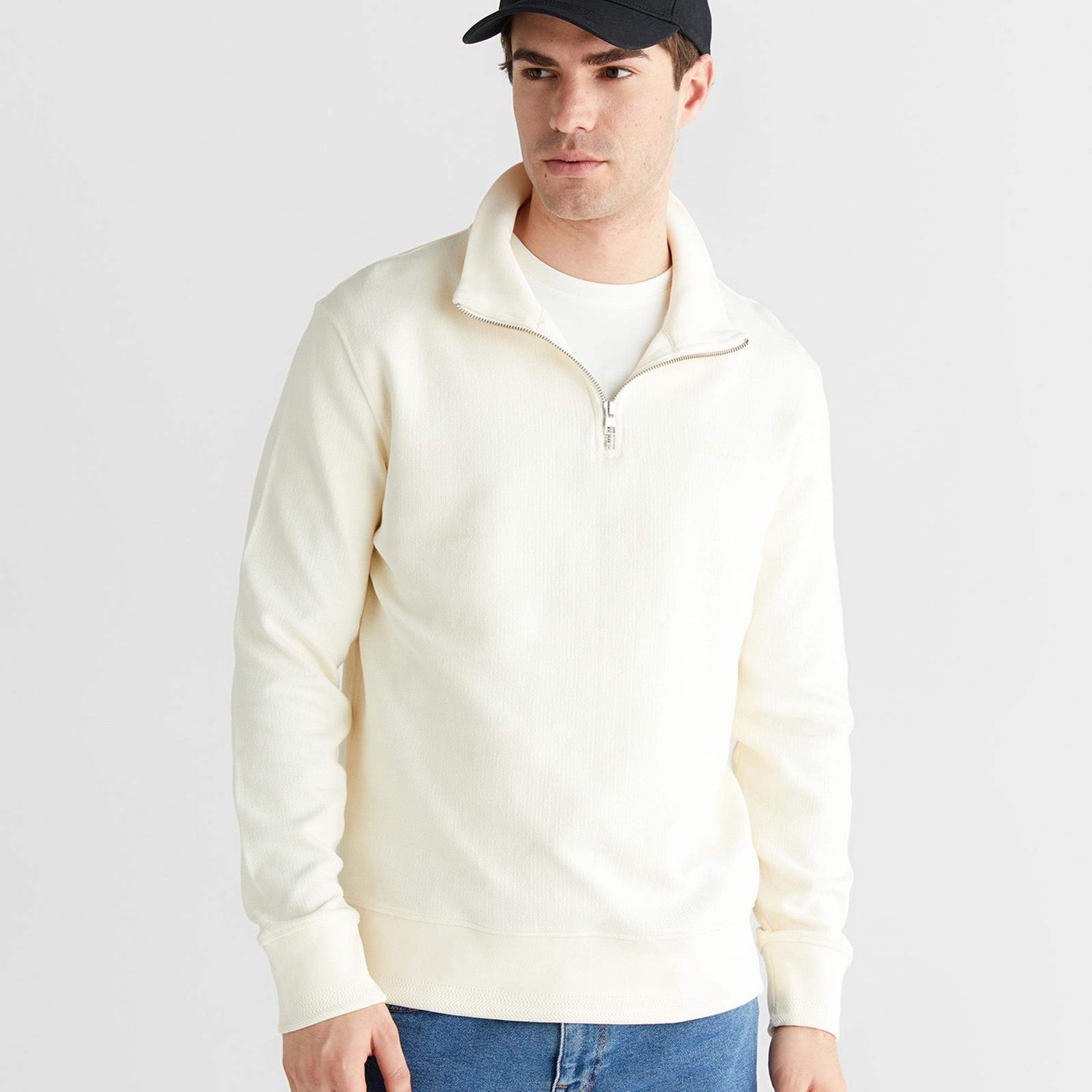 GANT Erkek Krem Yarım Fermuarlı Herringbone Kazak