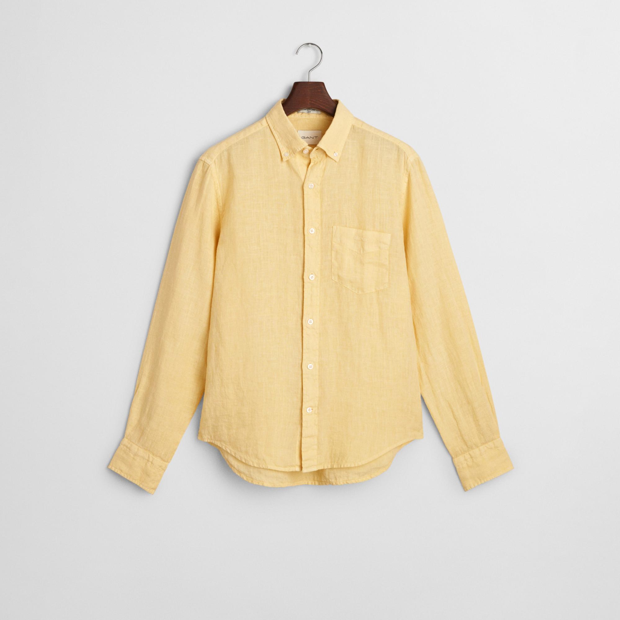 Gant Erkek Sarı Regular Fit Düğmeli Yaka Keten Gömlek