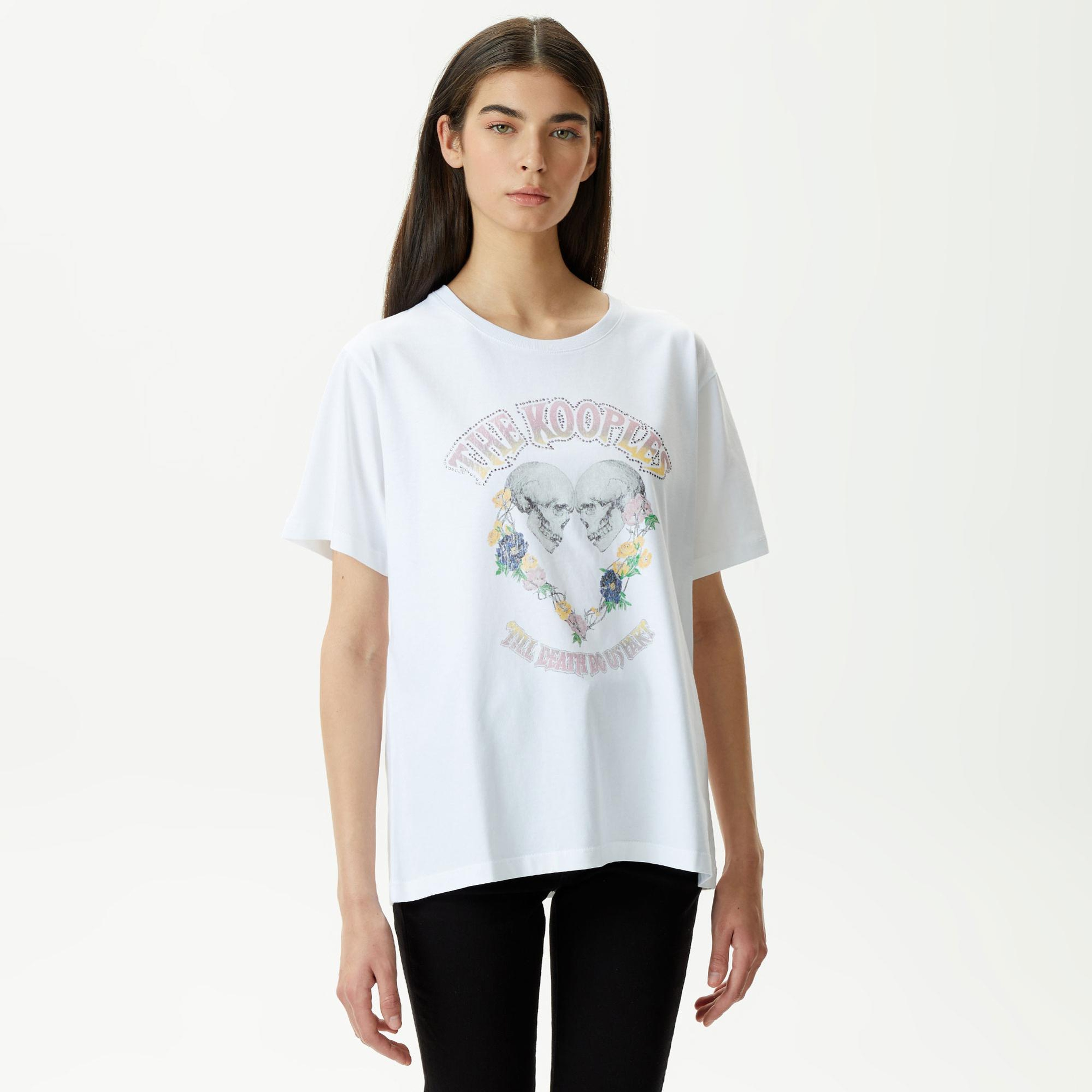 KADIN BASKILI BİSİKLET YAKA BEYAZ T-SHIRT