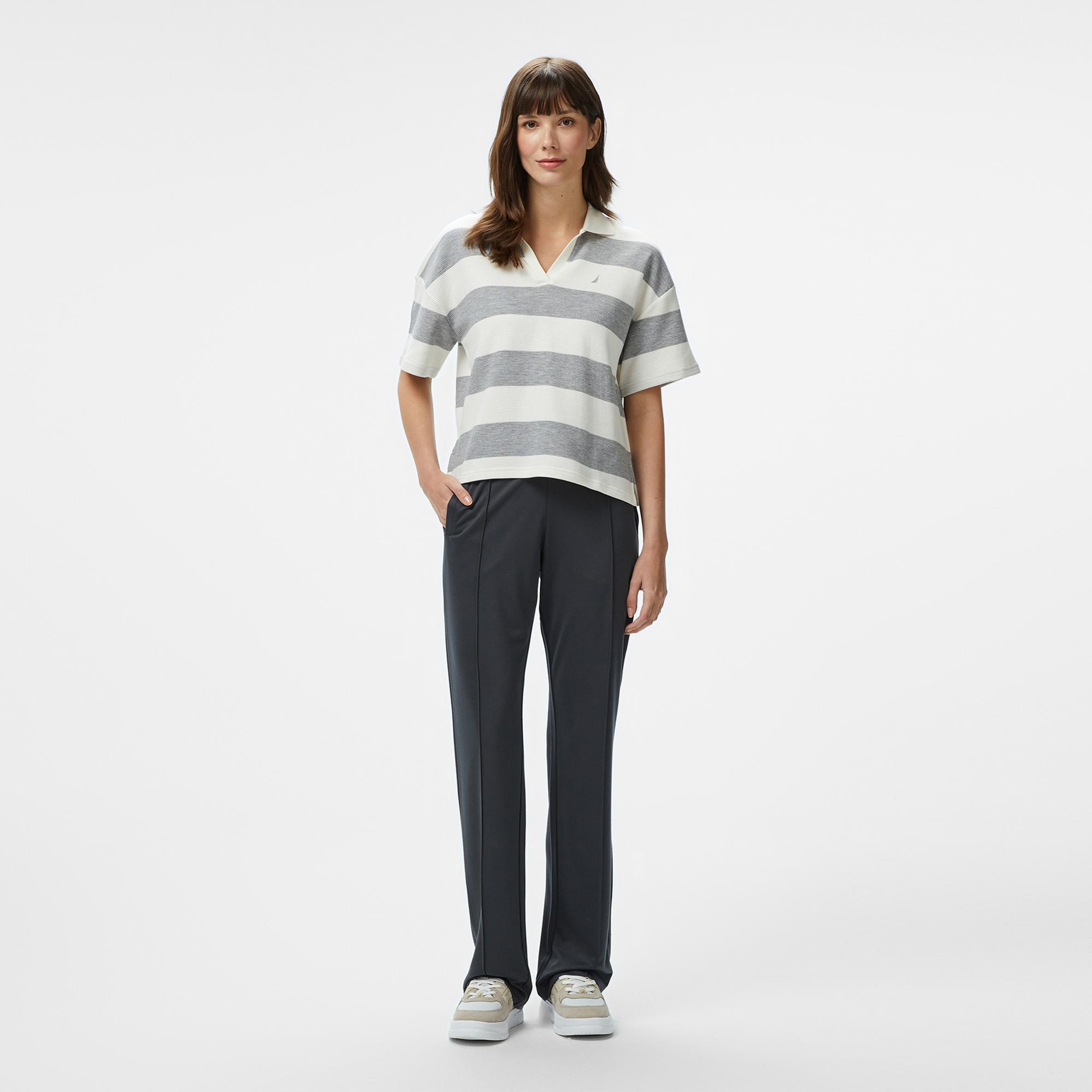 Nautica Kadın Gri Regular Fit Çizgili Polo Yaka T-Shirt