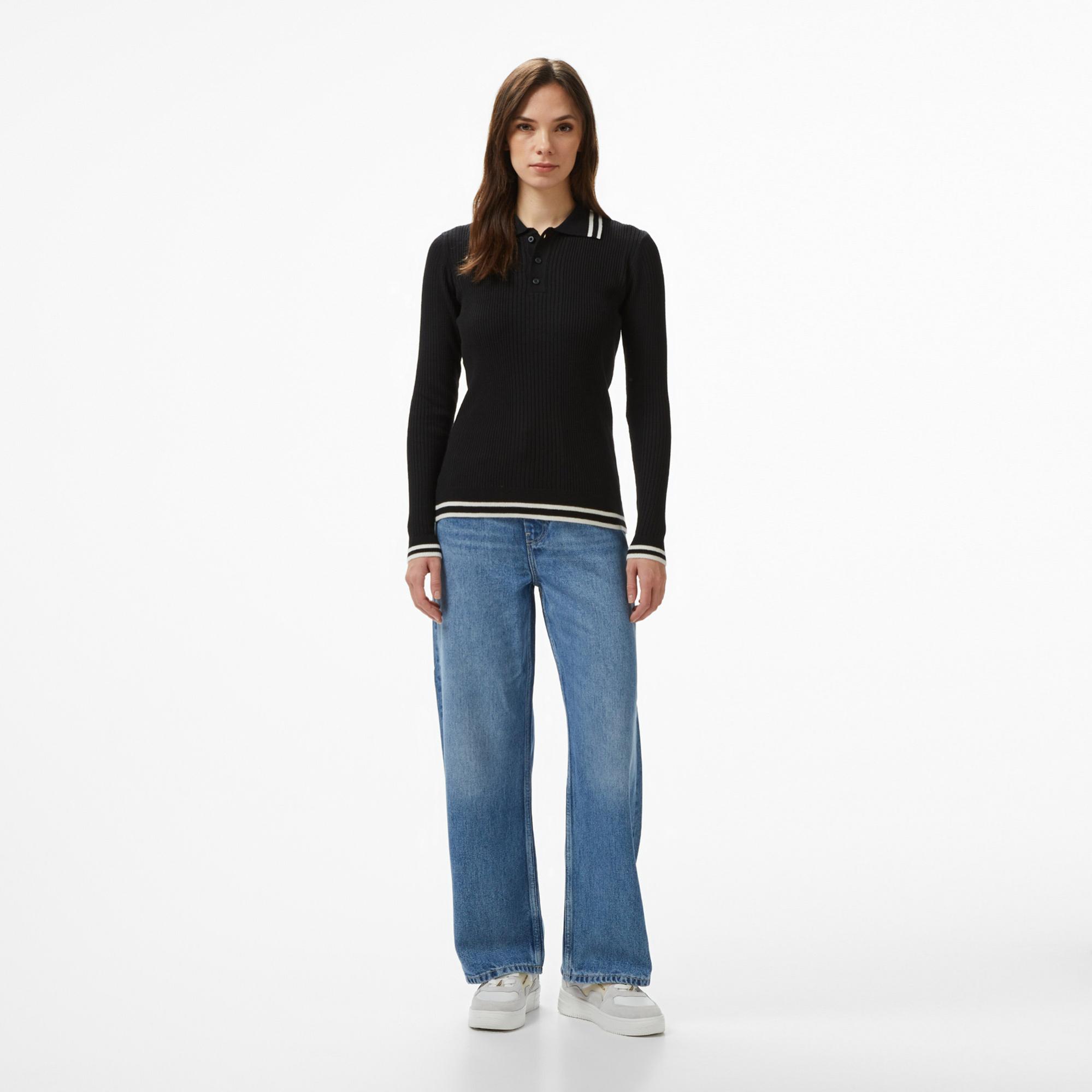 Nautica Kadın Siyah Classic Fit Uzun Kollu Polo Yaka T-Shirt