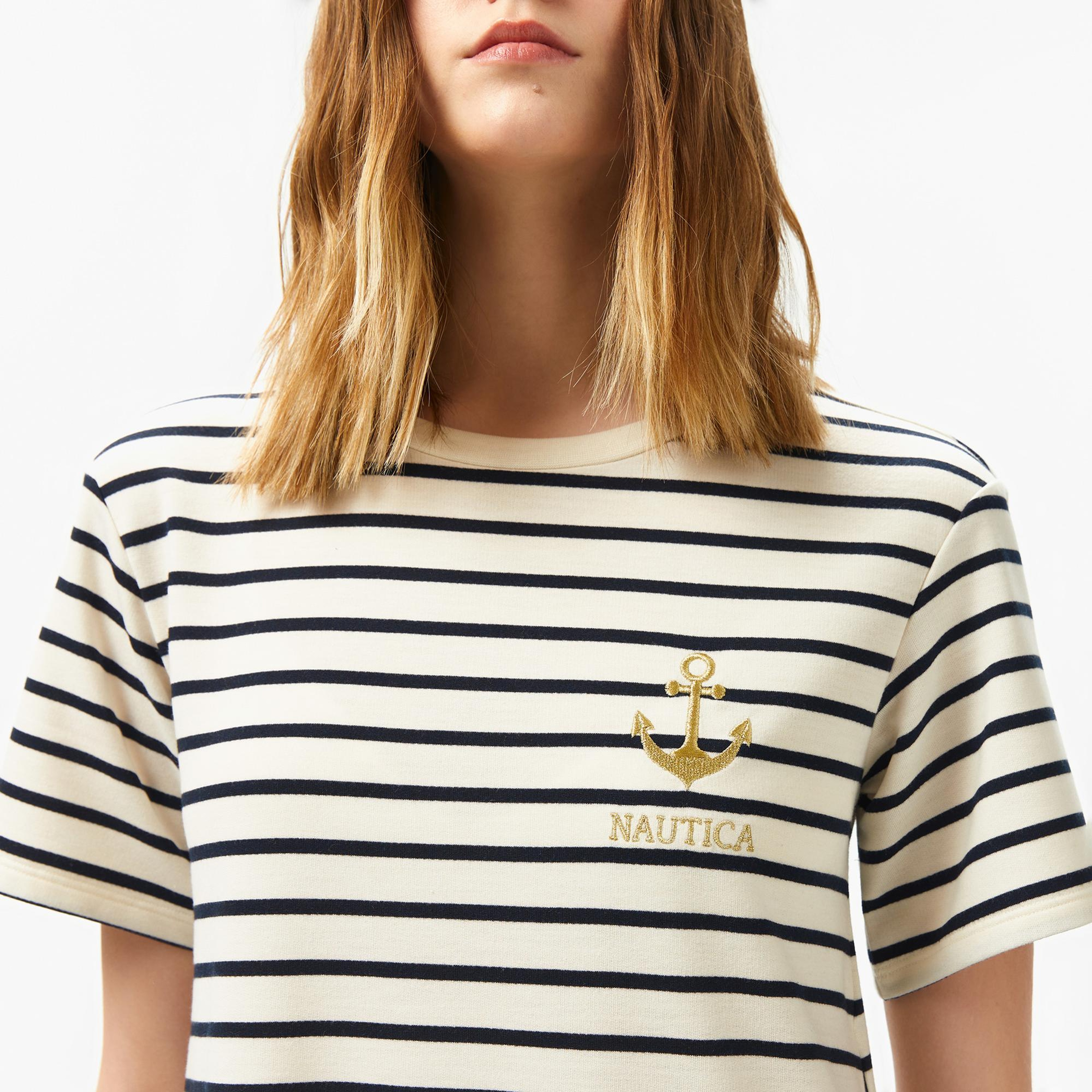 Nautica Kadın Krem Rengi Regular Fit Çizgili Elbise