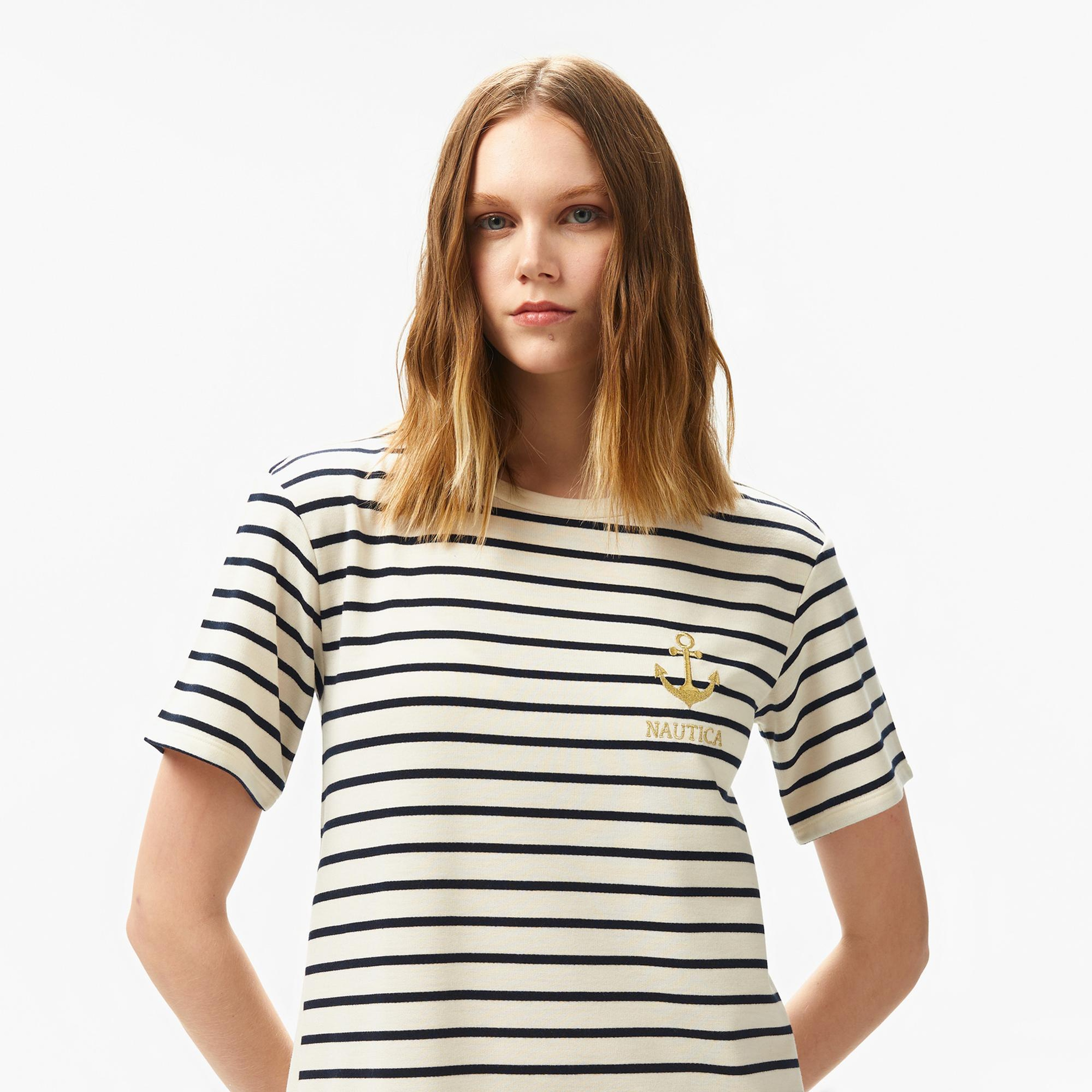 Nautica Kadın Krem Rengi Regular Fit Çizgili Elbise