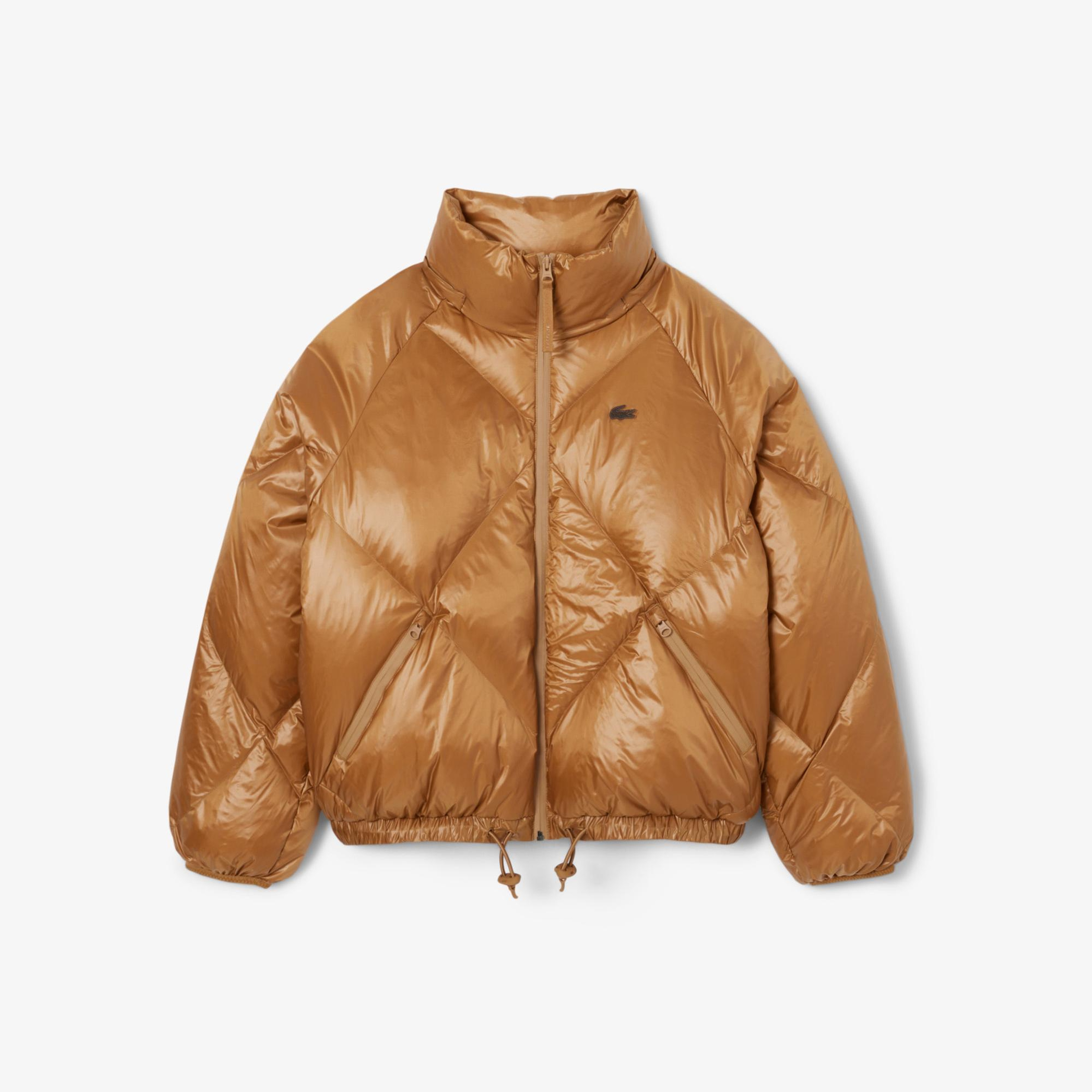 Lacoste Kadın Oversize Fit Kapüşonlu Kapitone Açık Kahverengi Mont