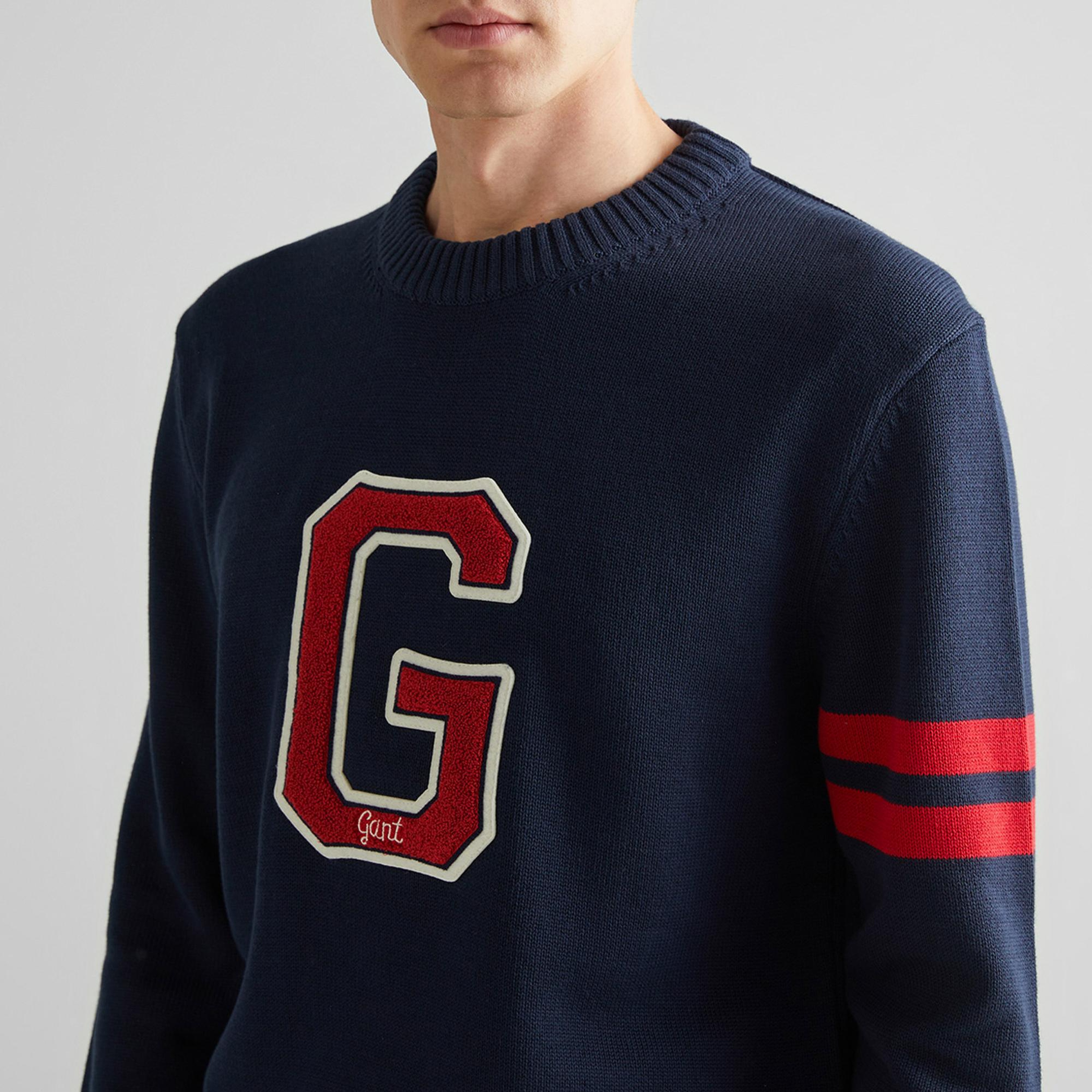 GANT Erkek Lacivert Relaxed Fit Bisiklet Yaka Logolu Kazak