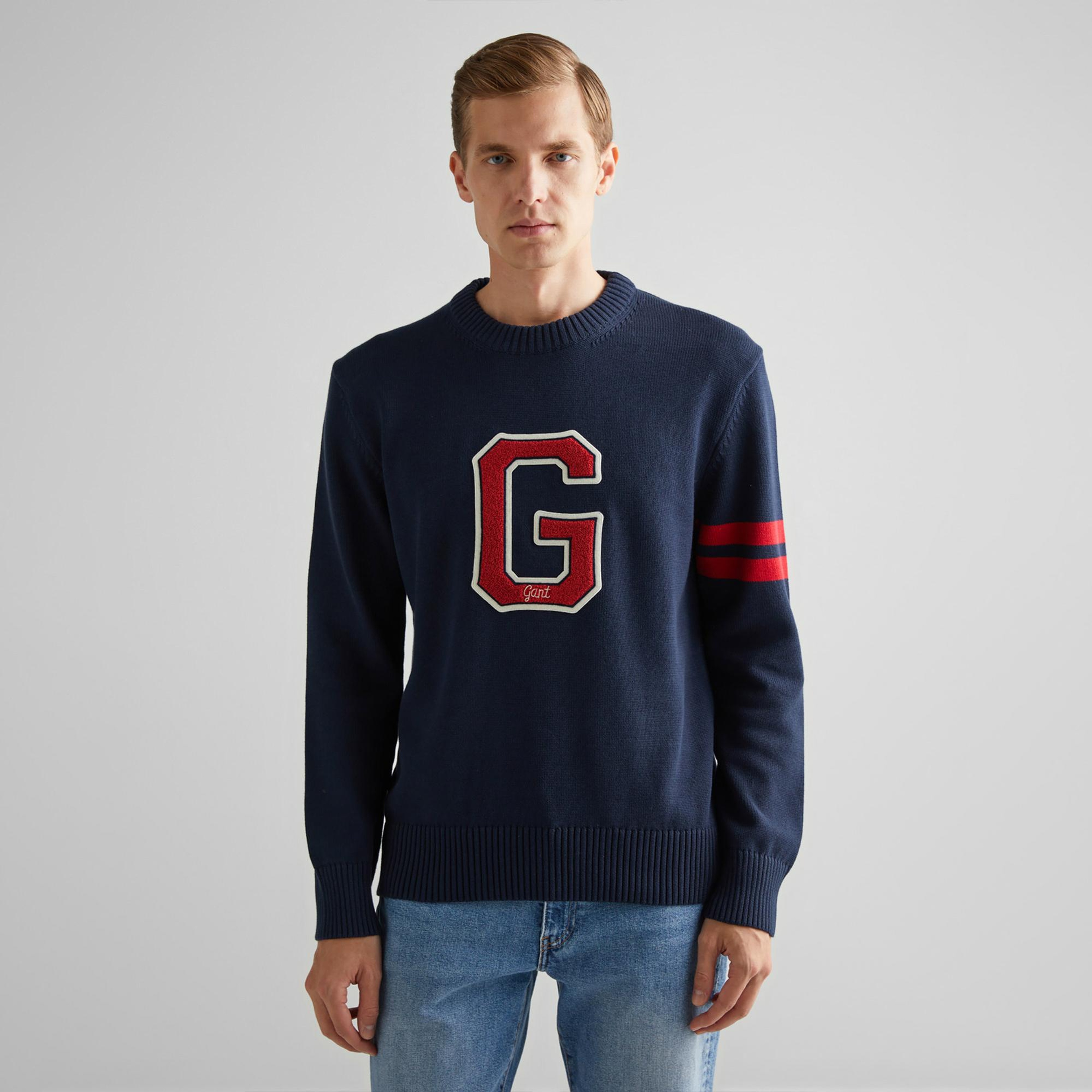 GANT Erkek Lacivert Relaxed Fit Bisiklet Yaka Logolu Kazak