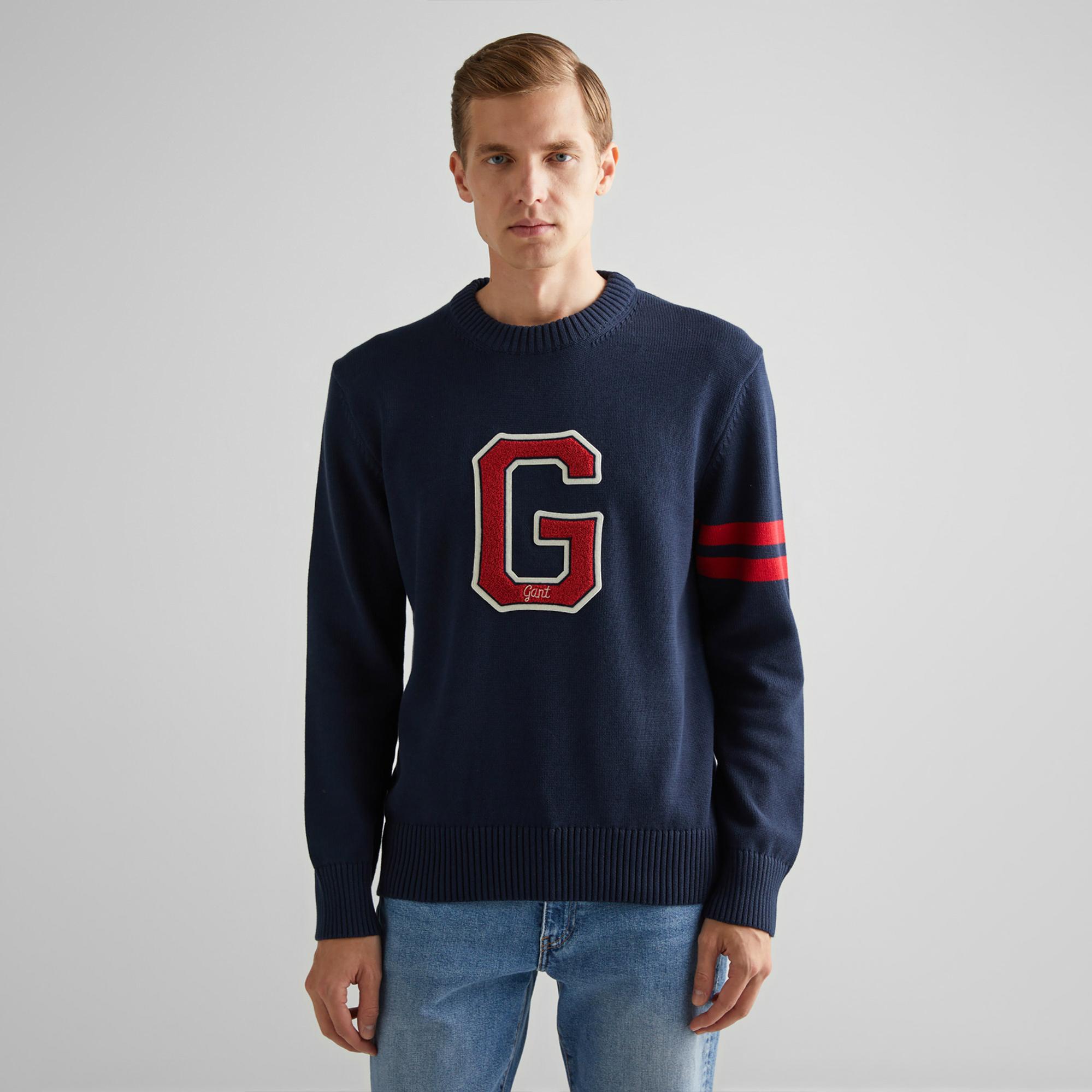 GANT Erkek Lacivert Relaxed Fit Bisiklet Yaka Logolu Kazak