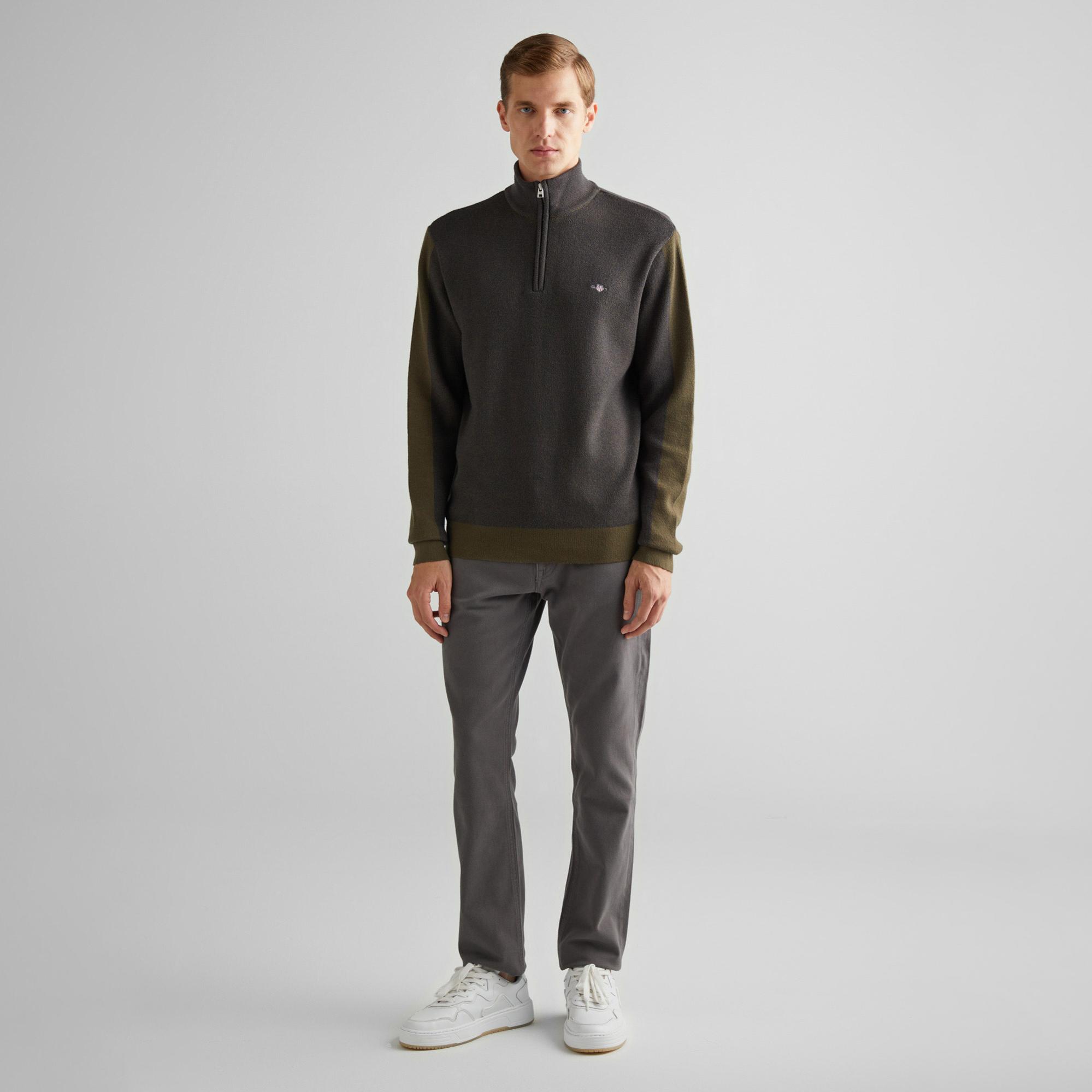 GANT Erkek Yeşil Relaxed Fit Yarım Fermuarlı Renk Bloklu Kazak