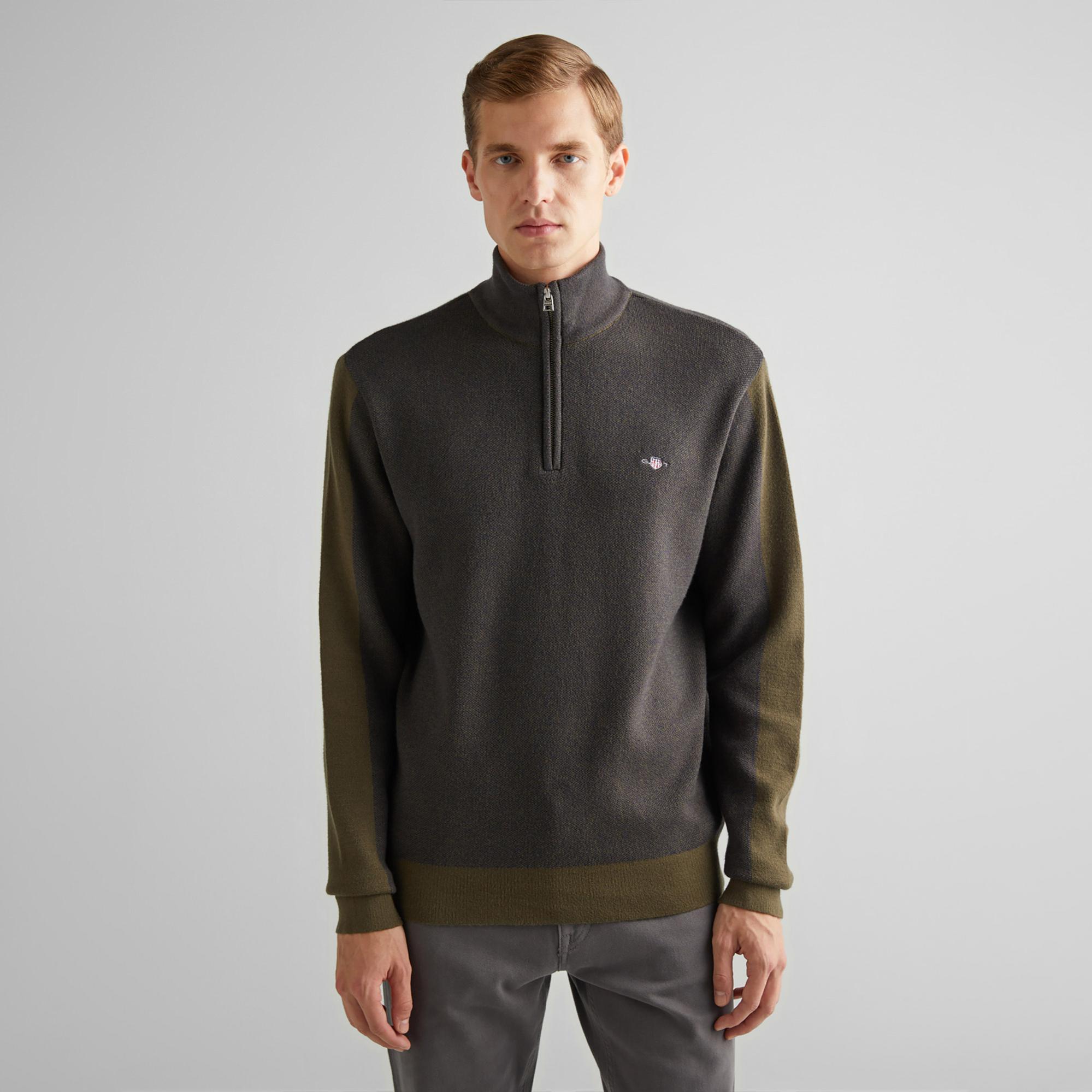 GANT Erkek Yeşil Relaxed Fit Yarım Fermuarlı Renk Bloklu Kazak