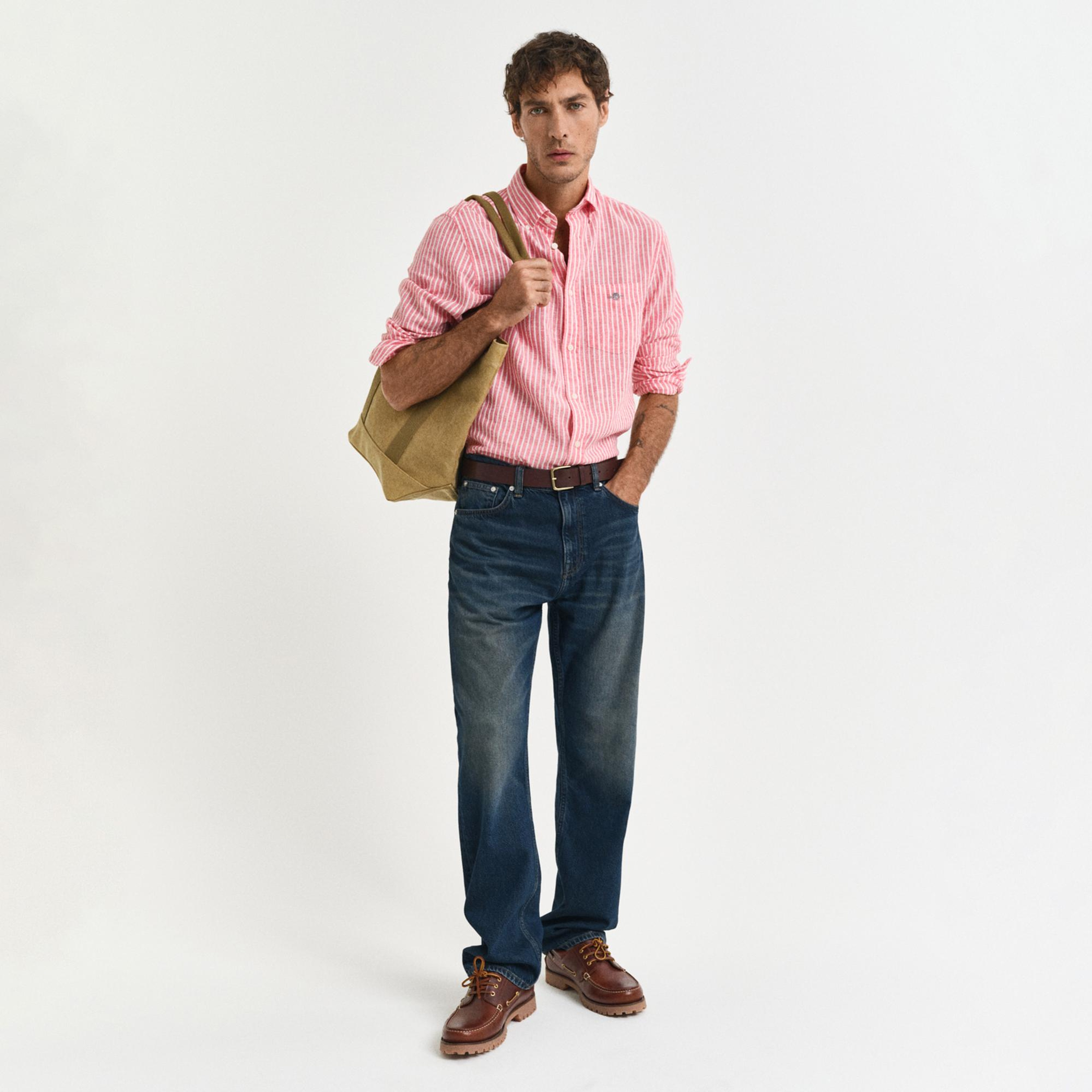 GANT Erkek Kırmızı Regular Fit Düğmeli Yaka Çizgili Keten Gömlek