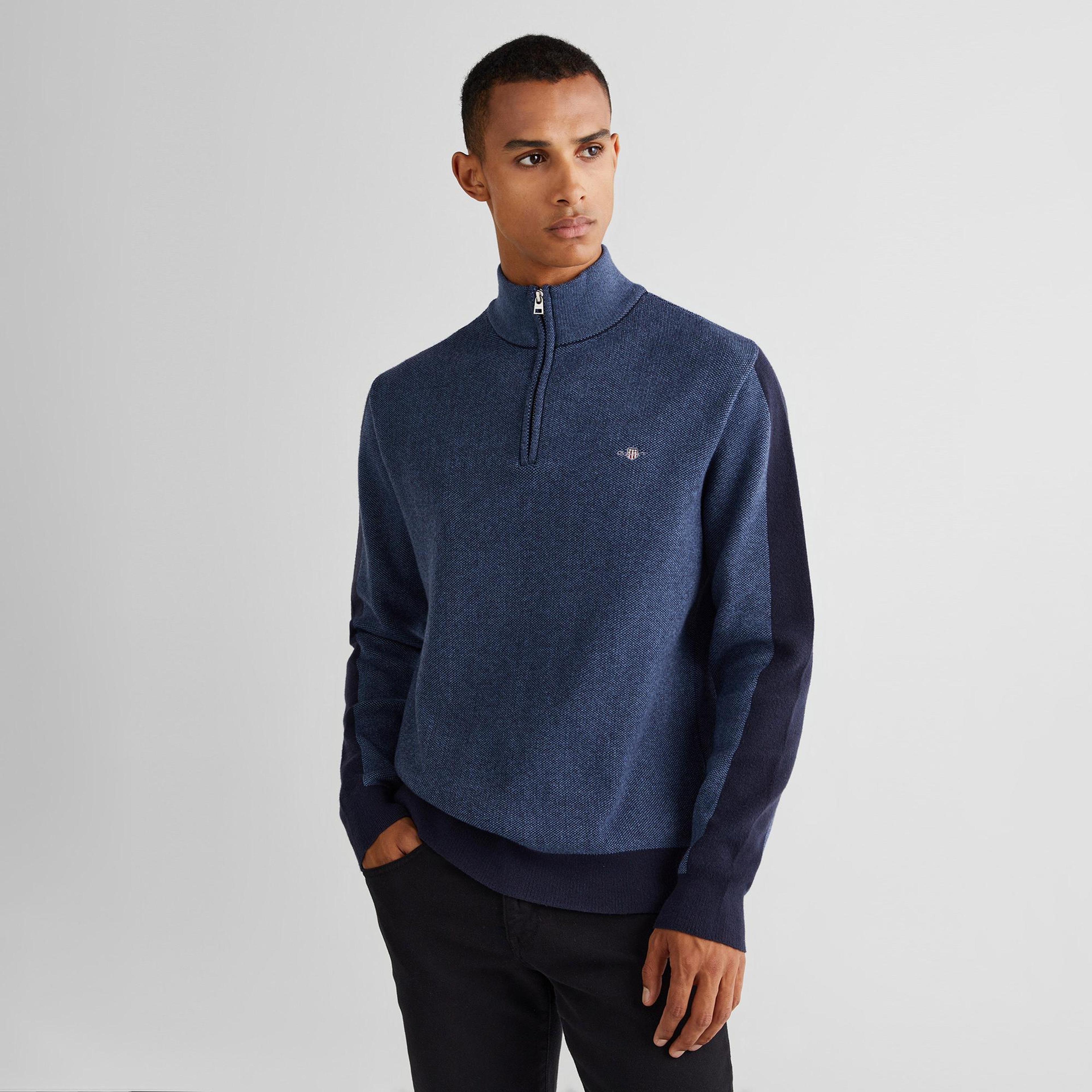 GANT Erkek Lacivert Relaxed Fit Yarım Fermuarlı Renk Bloklu Kazak