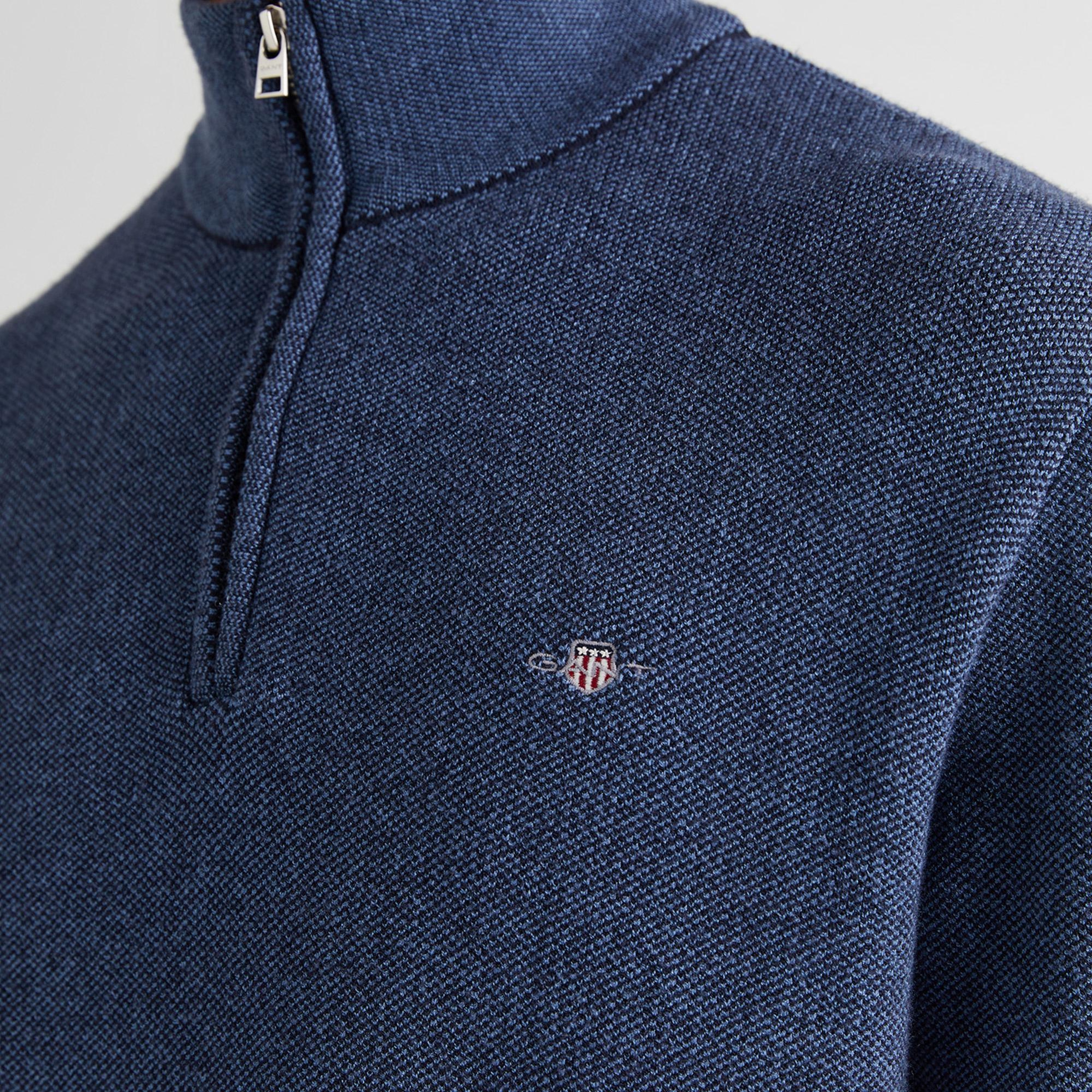 GANT Erkek Lacivert Relaxed Fit Yarım Fermuarlı Renk Bloklu Kazak