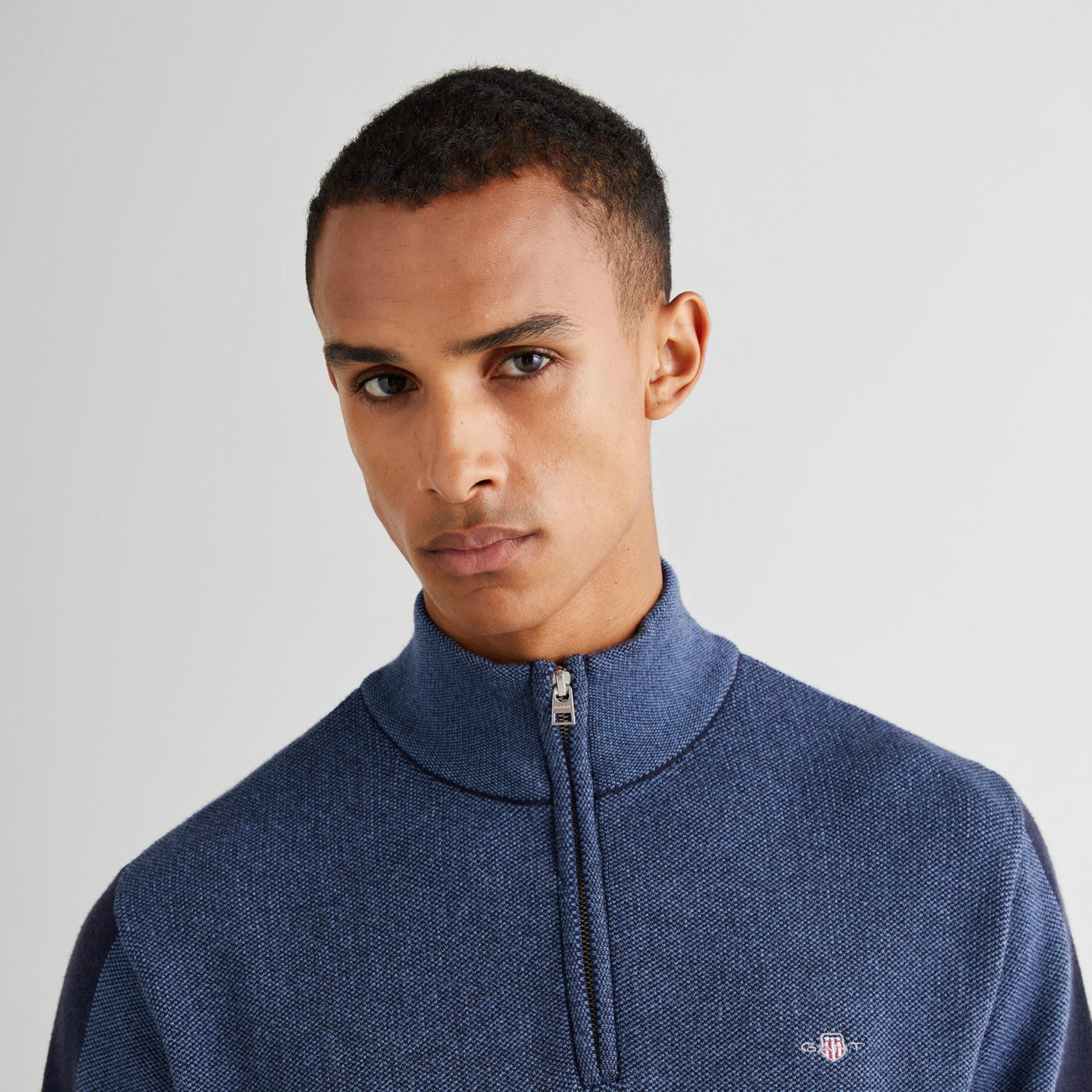 GANT Erkek Lacivert Relaxed Fit Yarım Fermuarlı Renk Bloklu Kazak