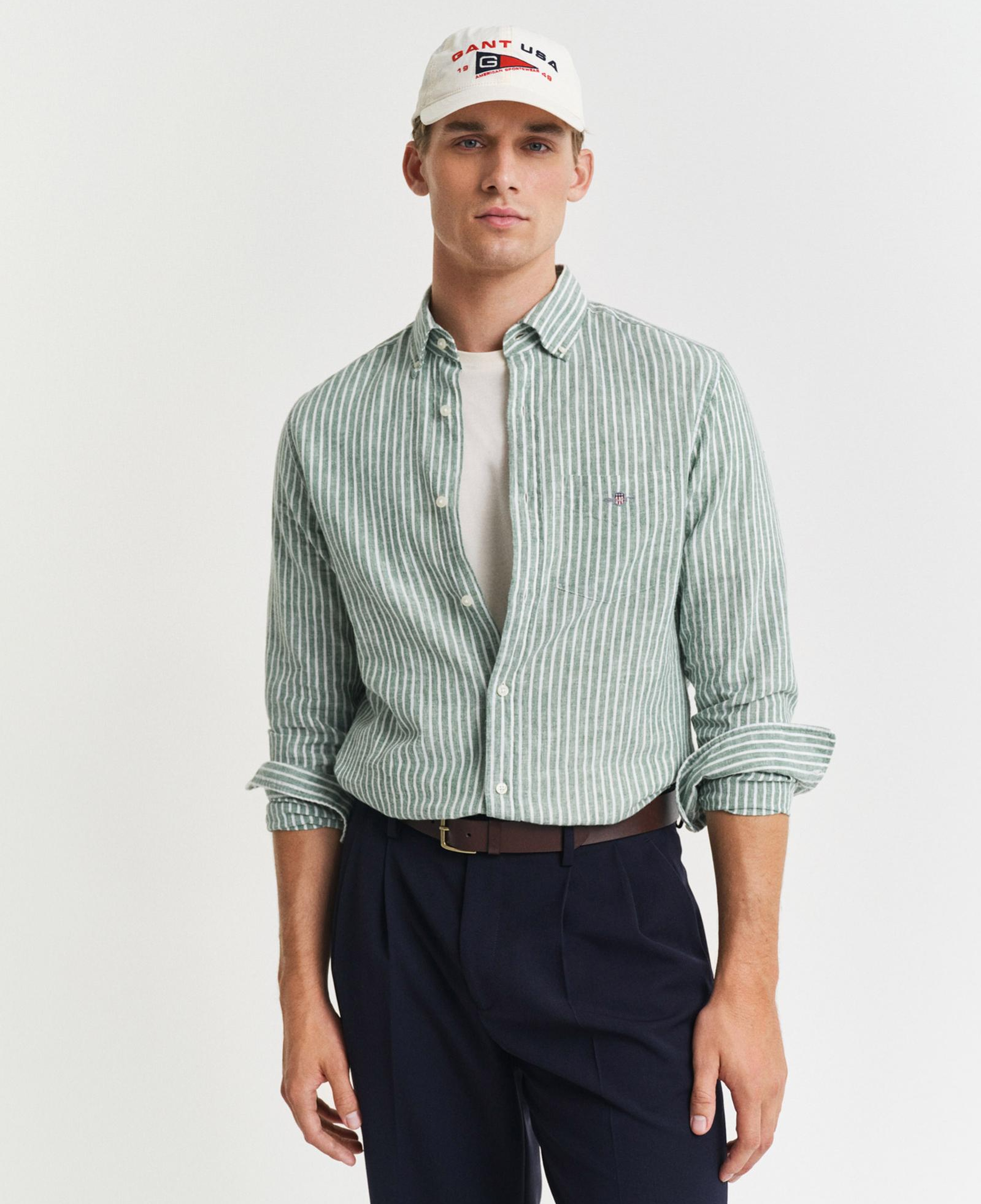GANT Erkek Yeşil Regular Fit Düğmeli Yaka Çizgili Keten Gömlek