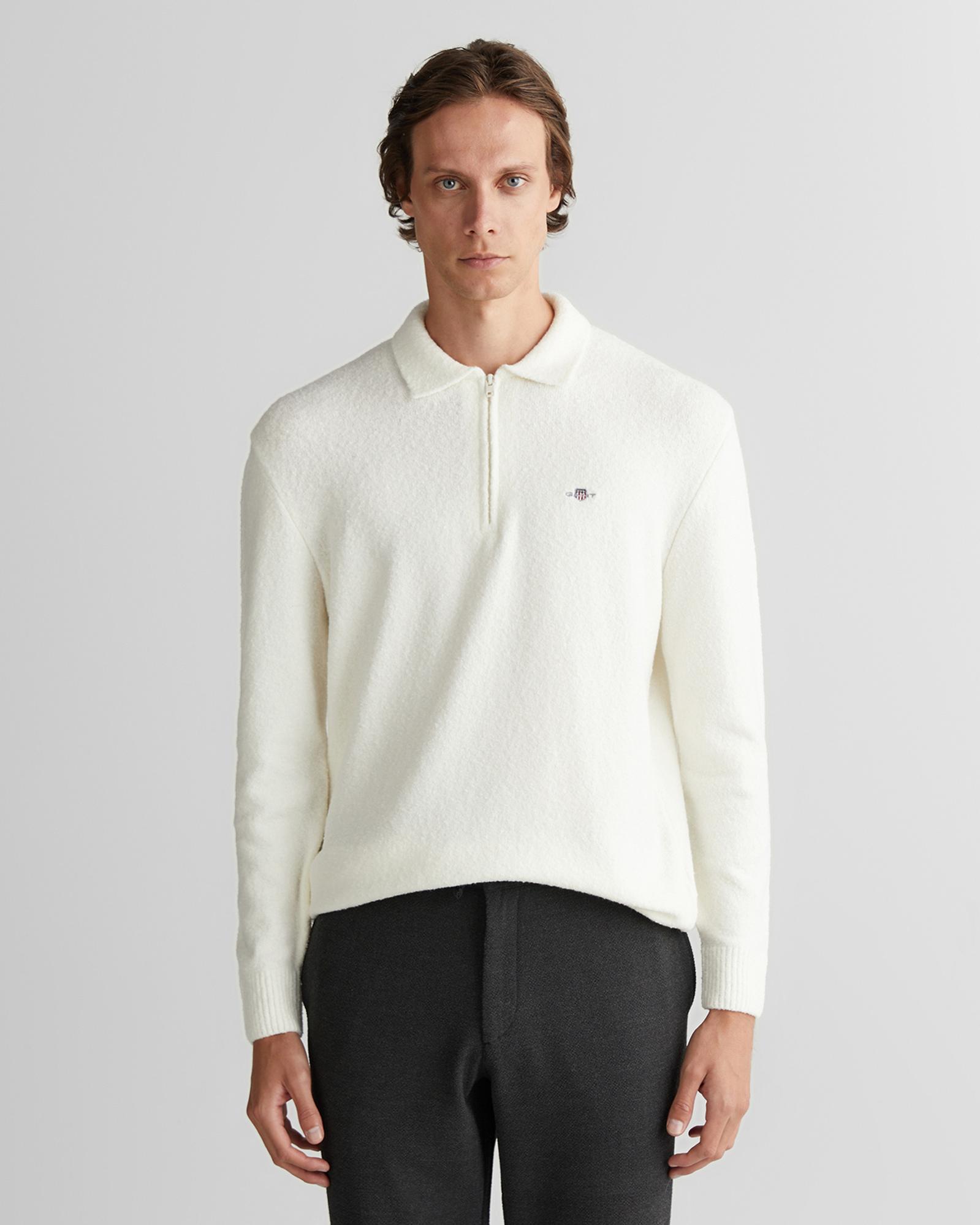 GANT Erkek Beyaz Relaxed Fit Fermuarlı Triko