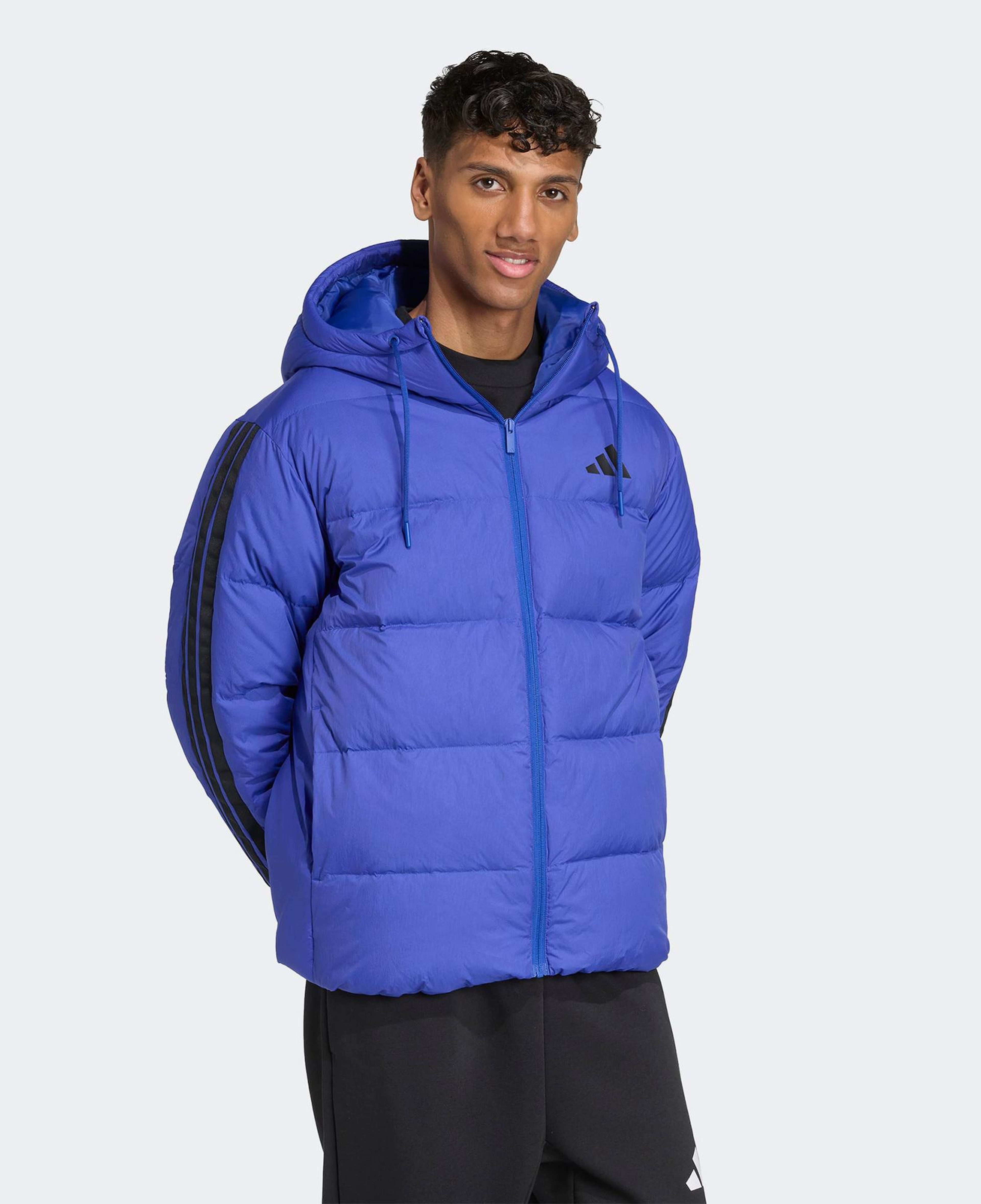 adidas Essentials Climawarm 3 Stripes Puffer Down Kapüşonlu Erkek Mavi Outdoor Montu