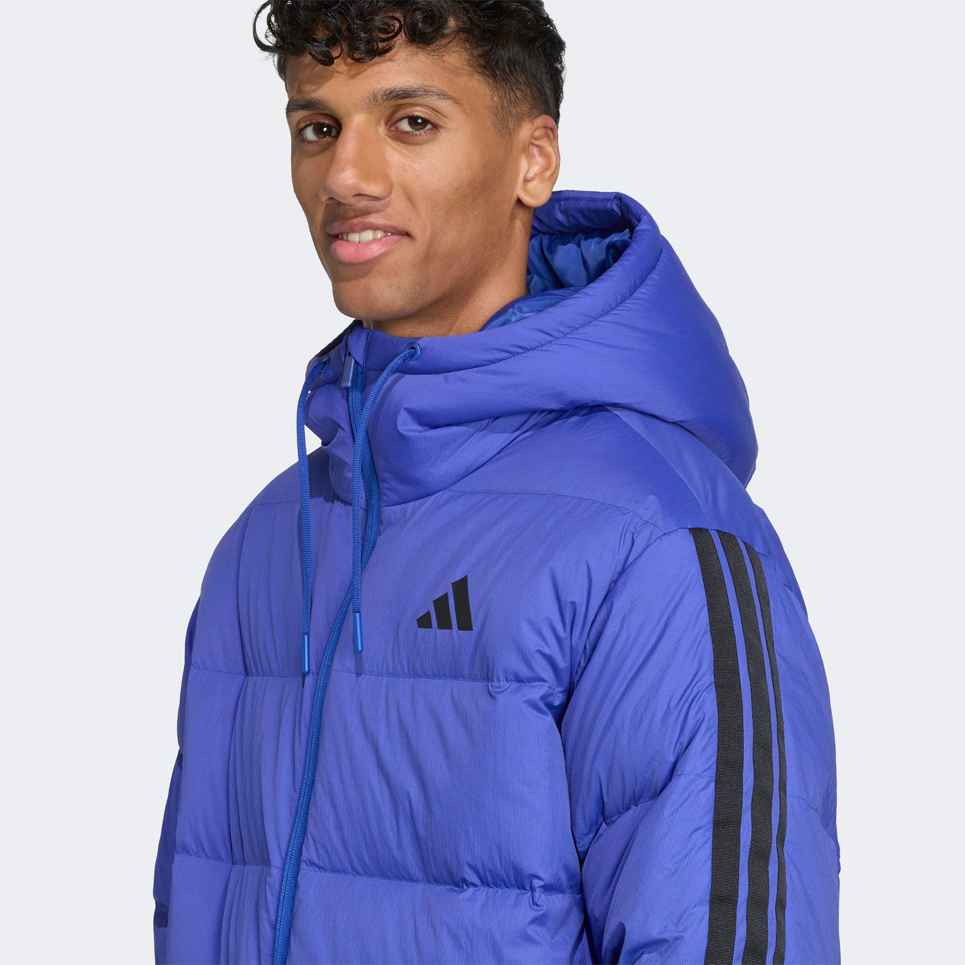 adidas Essentials Climawarm 3 Stripes Puffer Down Kapüşonlu Erkek Mavi Outdoor Montu