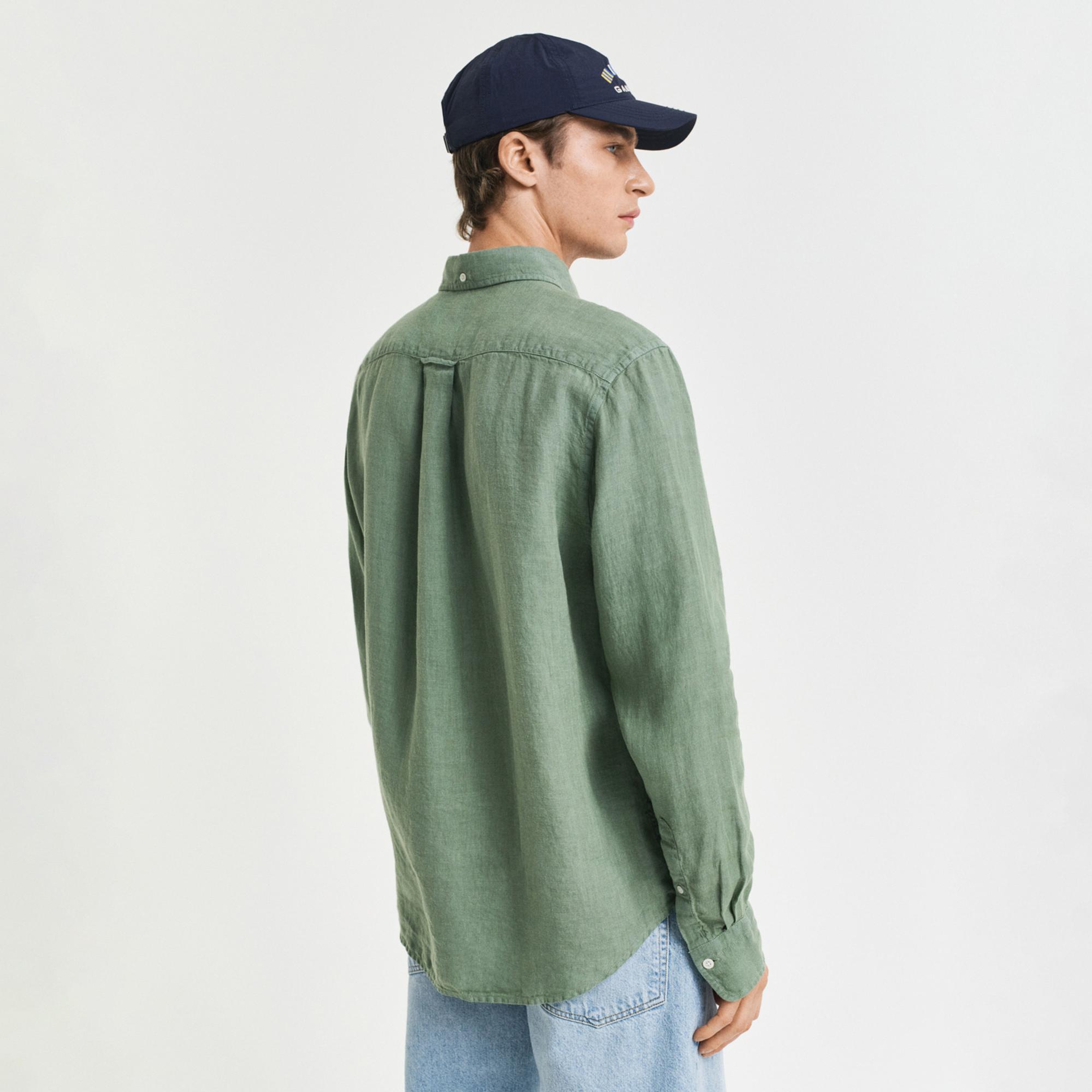 GANT Erkek Yeşil Regular Fit Düğmeli Yaka Keten Gömlek