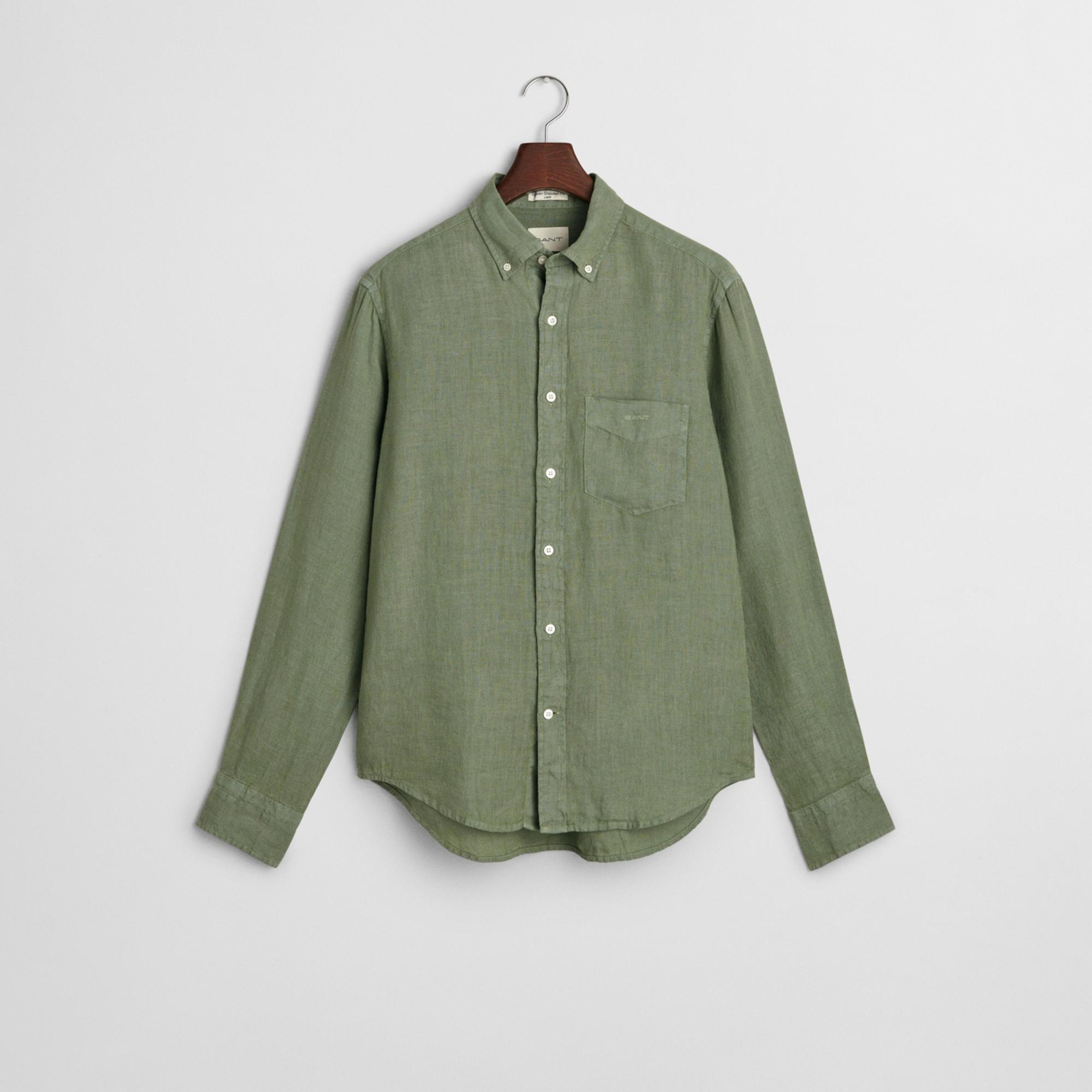 GANT Erkek Yeşil Regular Fit Düğmeli Yaka Keten Gömlek