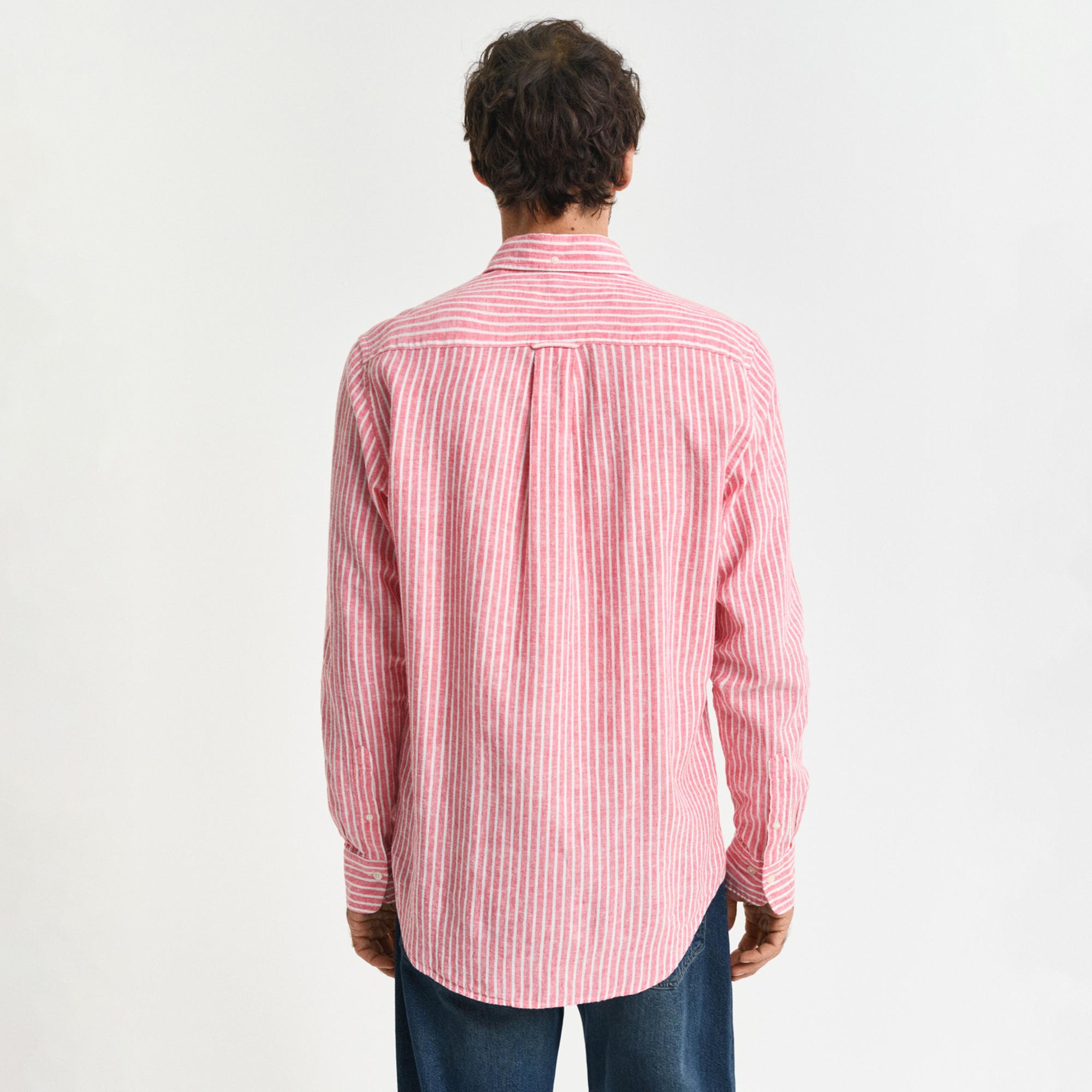 GANT Erkek Kırmızı Regular Fit Düğmeli Yaka Çizgili Keten Gömlek