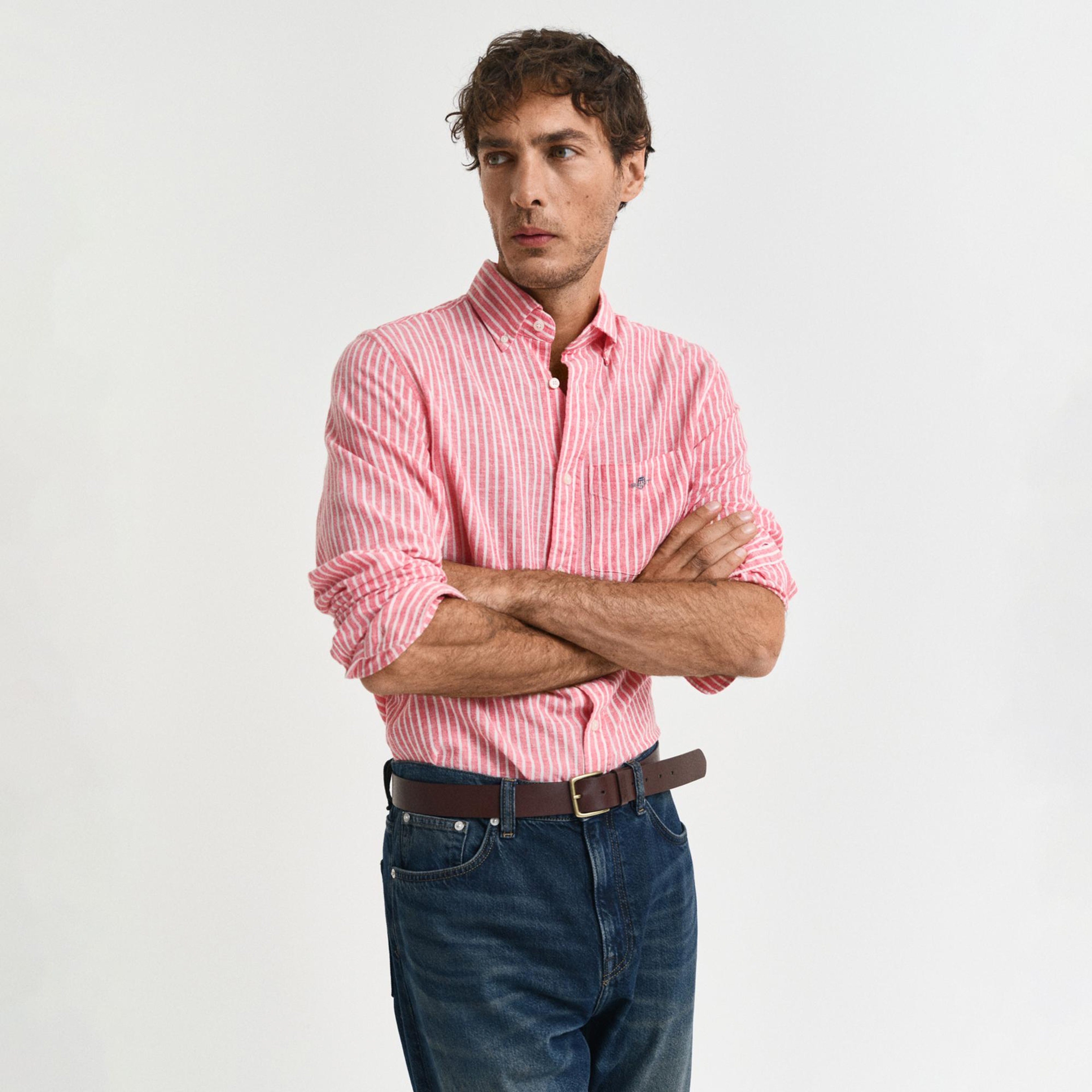 GANT Erkek Kırmızı Regular Fit Düğmeli Yaka Çizgili Keten Gömlek