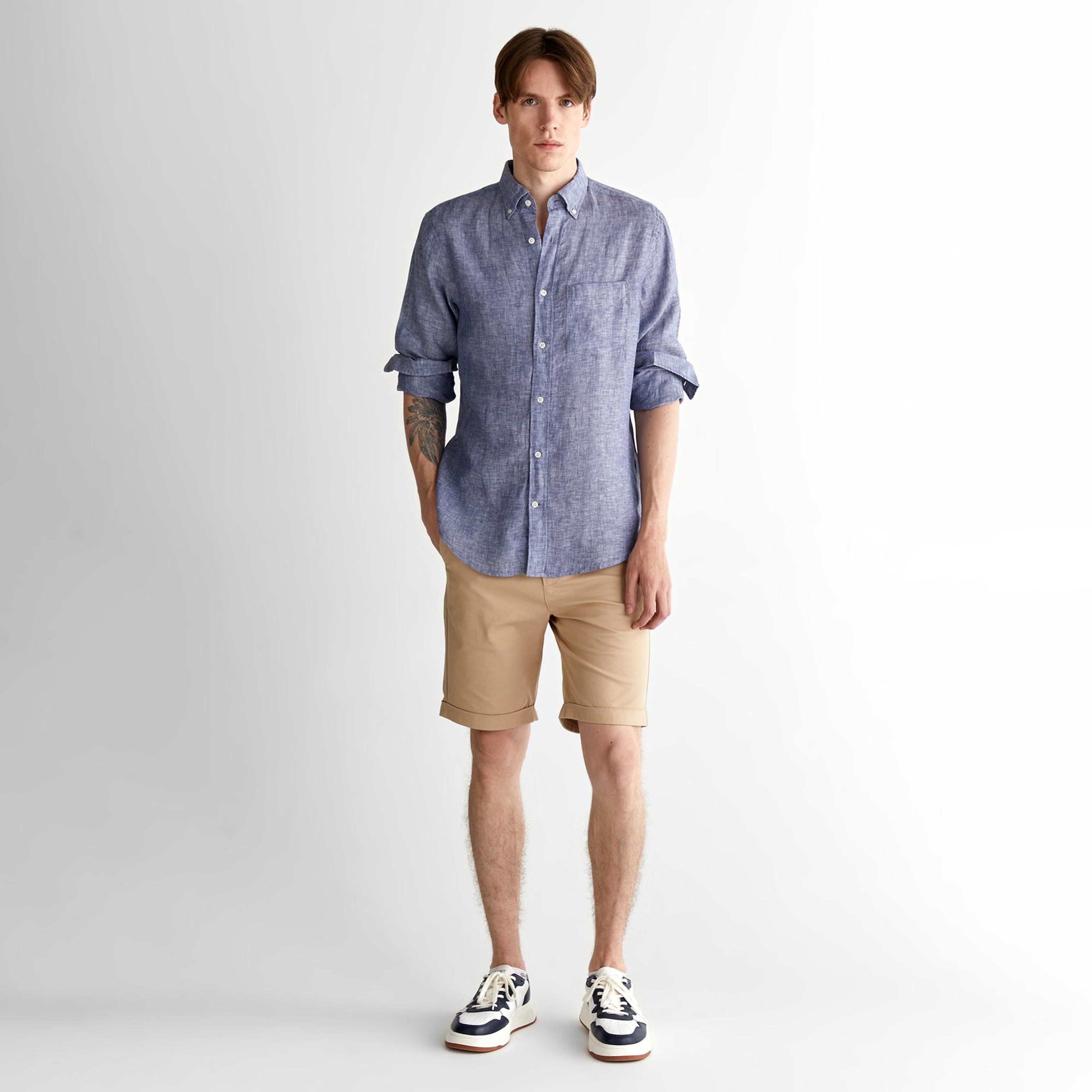 GANT Erkek Mavi Regular Fit Düğmeli Yaka Keten Gömlek