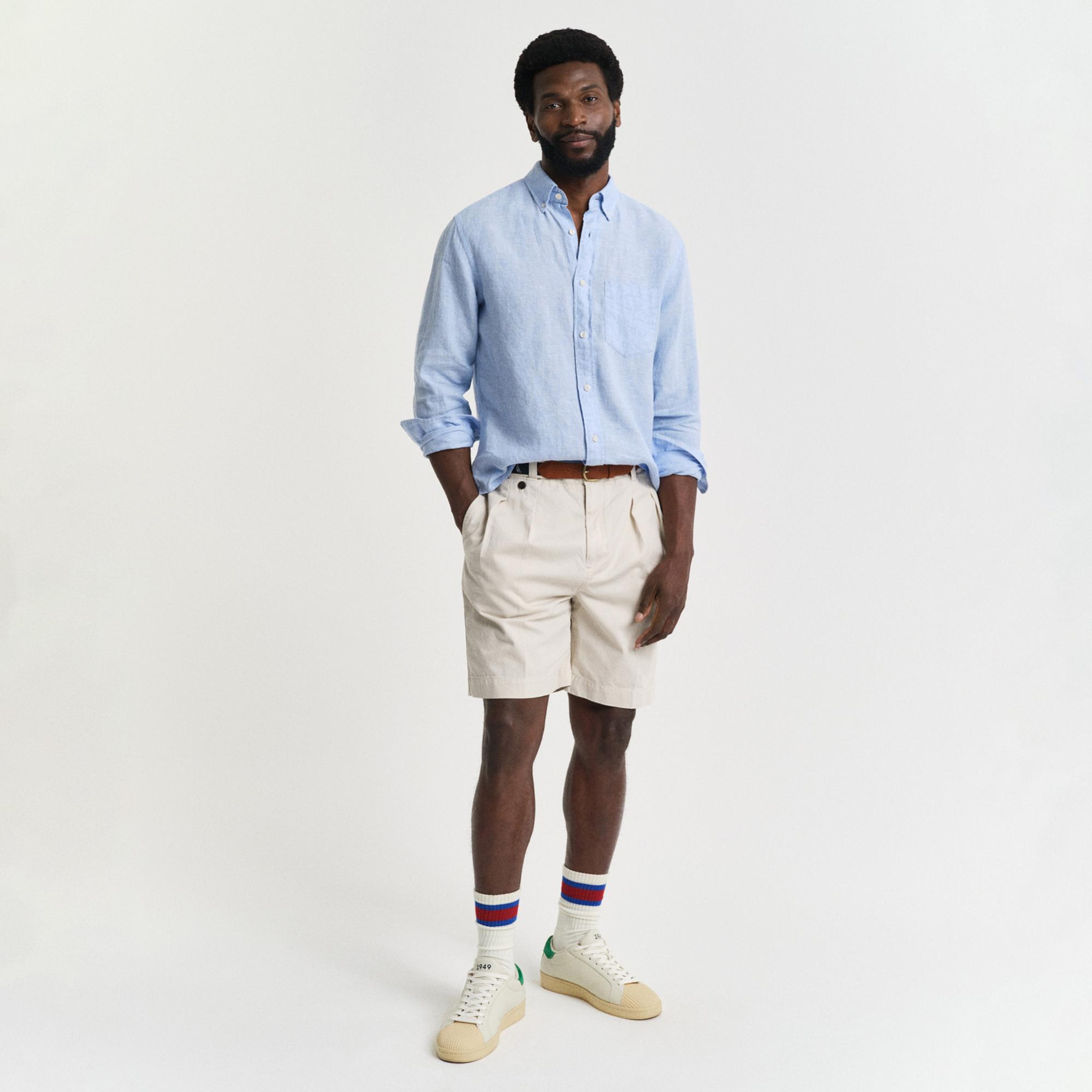 GANT Erkek Mavi Regular Fit Düğmeli Yaka Keten Gömlek