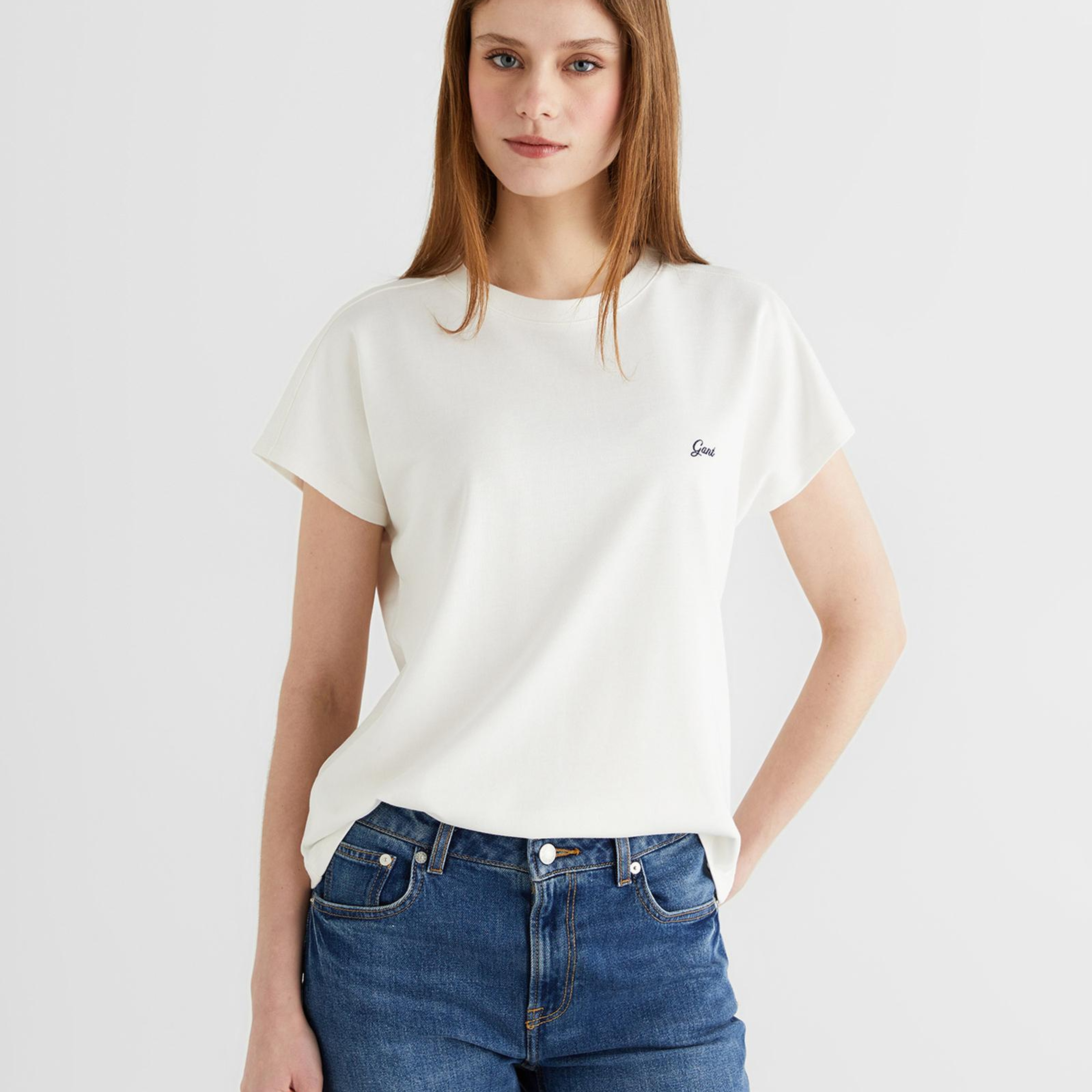 GANT Kadın Beyaz Bisiklet Yaka Regular Fit T-Shirt