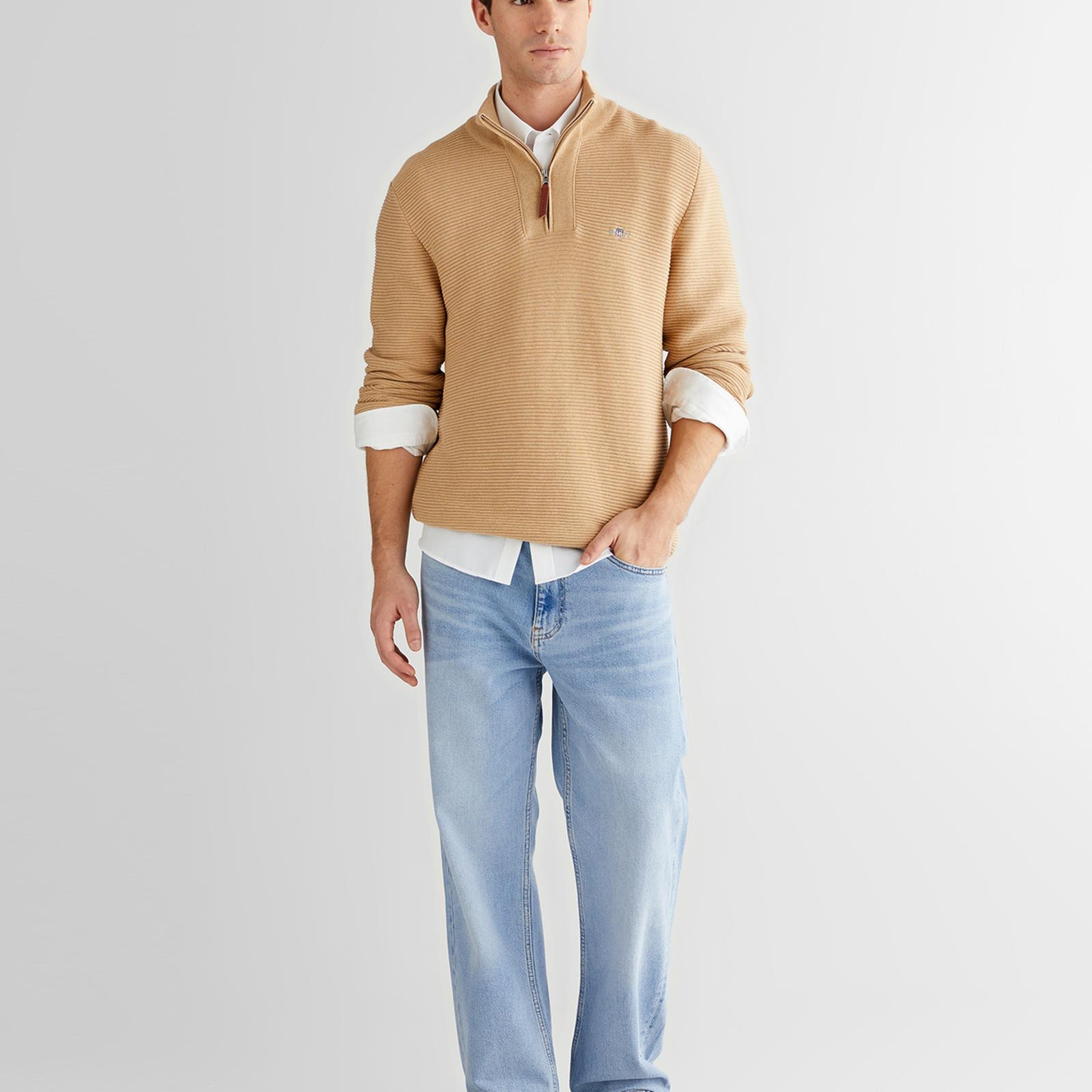 GANT Erkek Bej Regular Fit Yarım Fermuarlı Triko