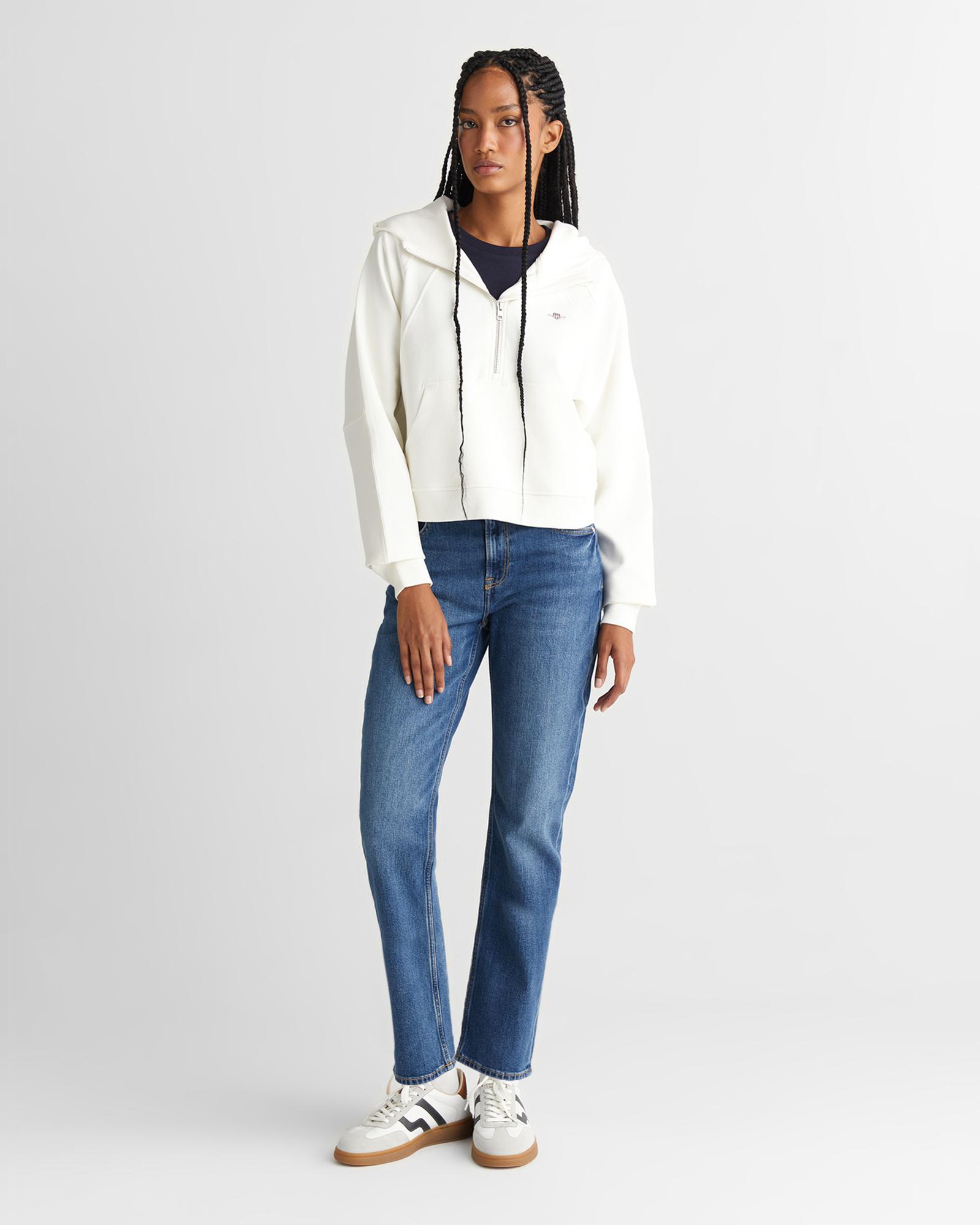 GANT Kadın Beyaz Regular Fit Kapüşonlu Sweatshirt