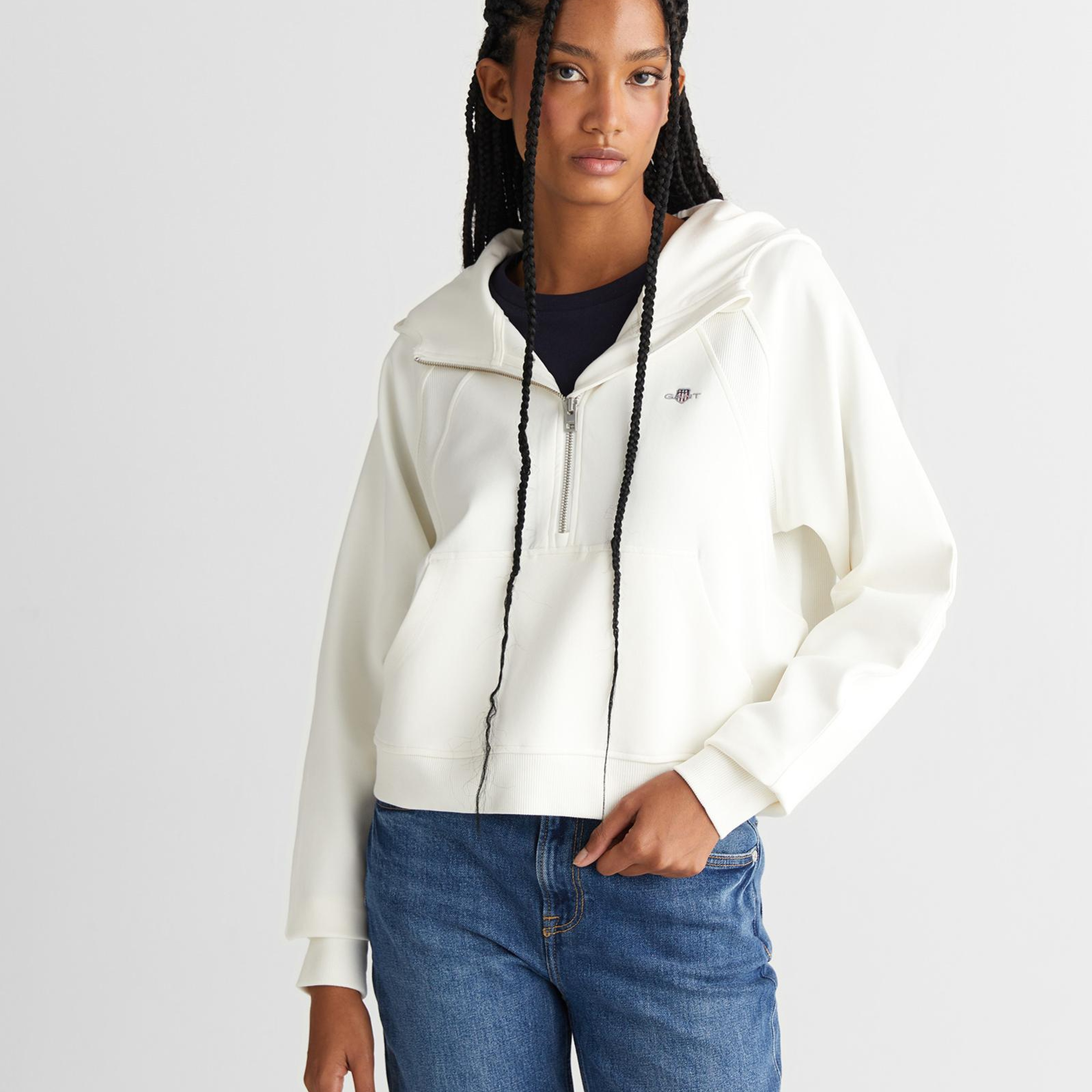 GANT Kadın Beyaz Regular Fit Kapüşonlu Sweatshirt